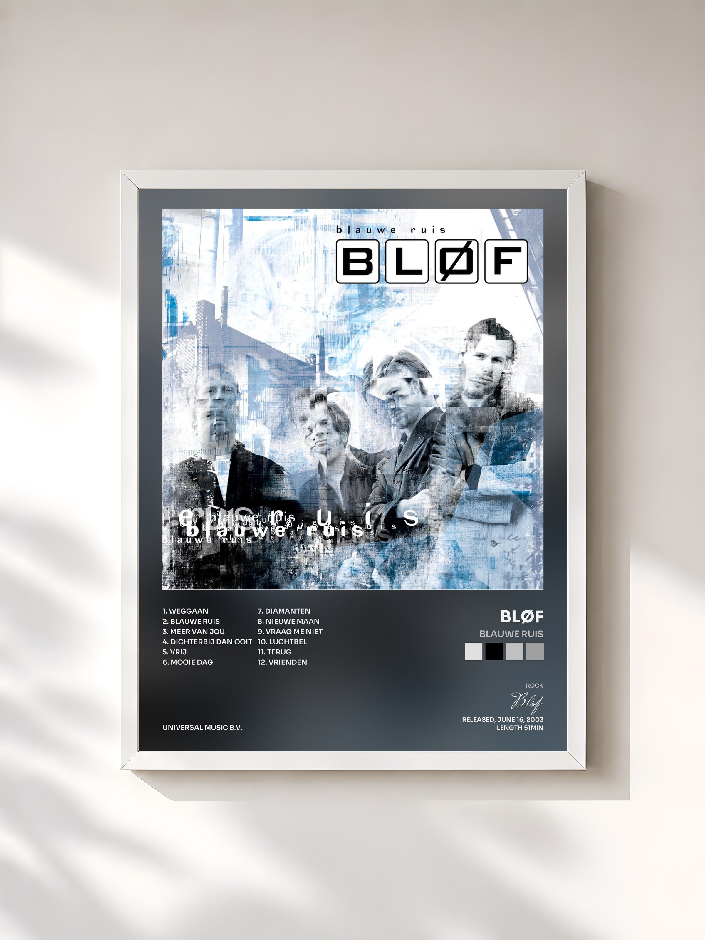 #blanc Tableau de l'album Blauwe Ruis de Bløf, cadre blanc, imprimé et encadré en France