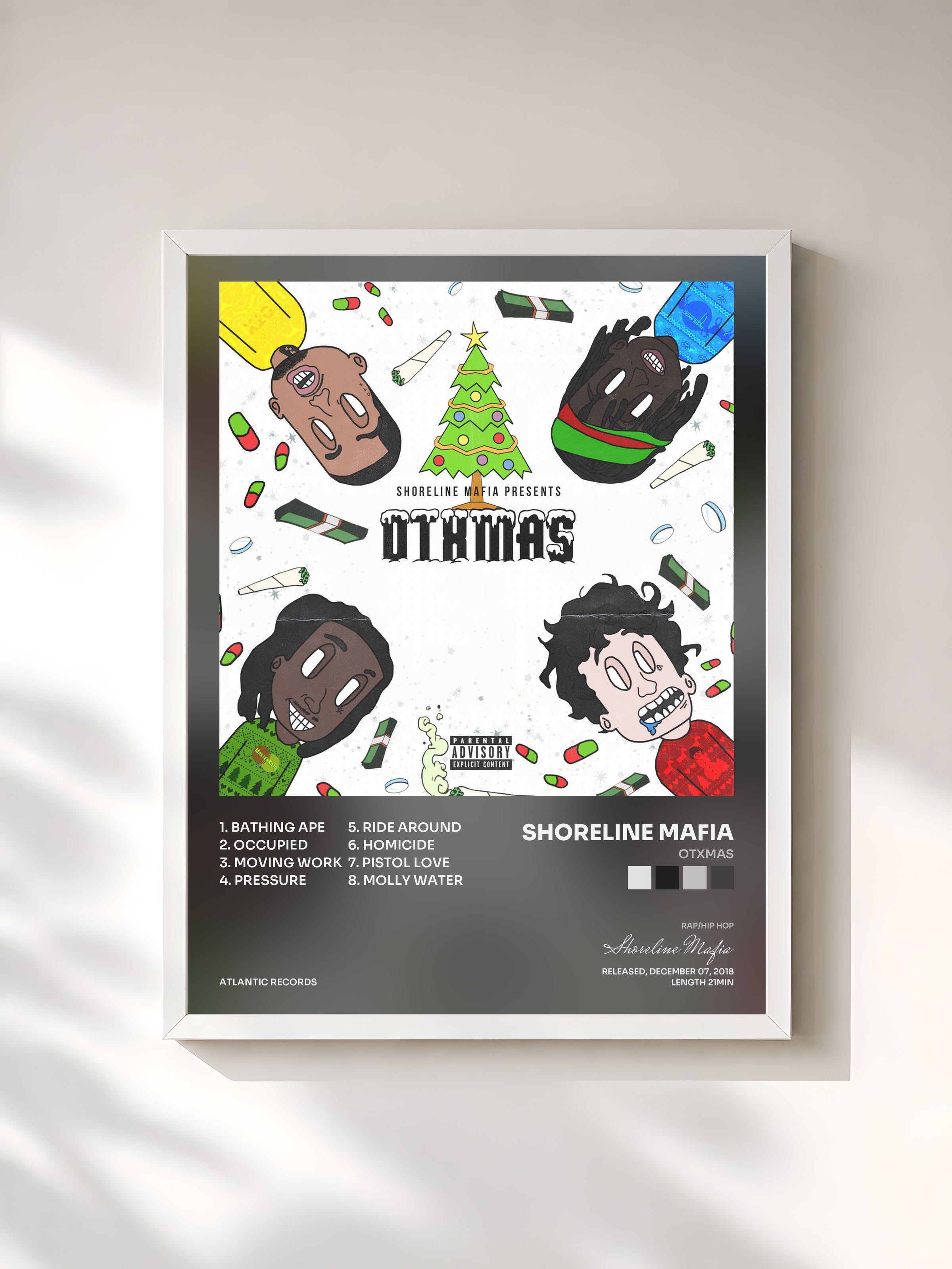 #blanc Tableau de l'album OTXmas de Shoreline Mafia, cadre blanc, imprimé et encadré en France
