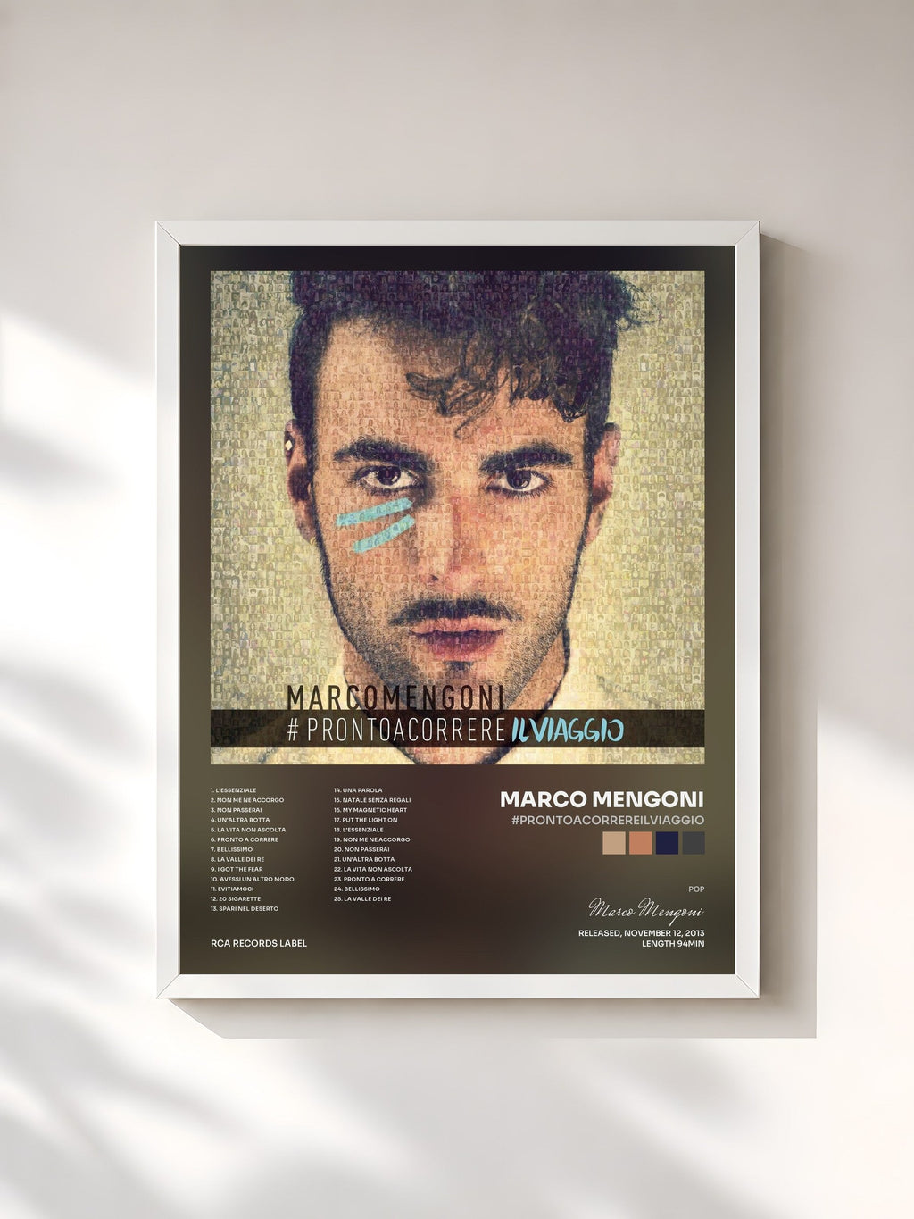 #blanc Tableau de l'album #PRONTOACORREREILVIAGGIO de Marco Mengoni, cadre blanc, imprimé et encadré en France