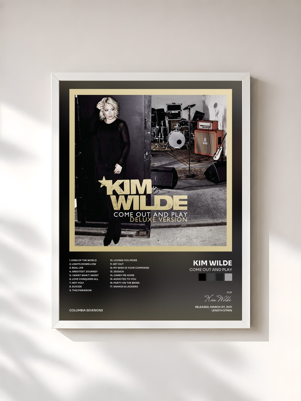 #blanc Tableau de l'album Come Out And Play de Kim Wilde, cadre blanc, imprimé et encadré en France