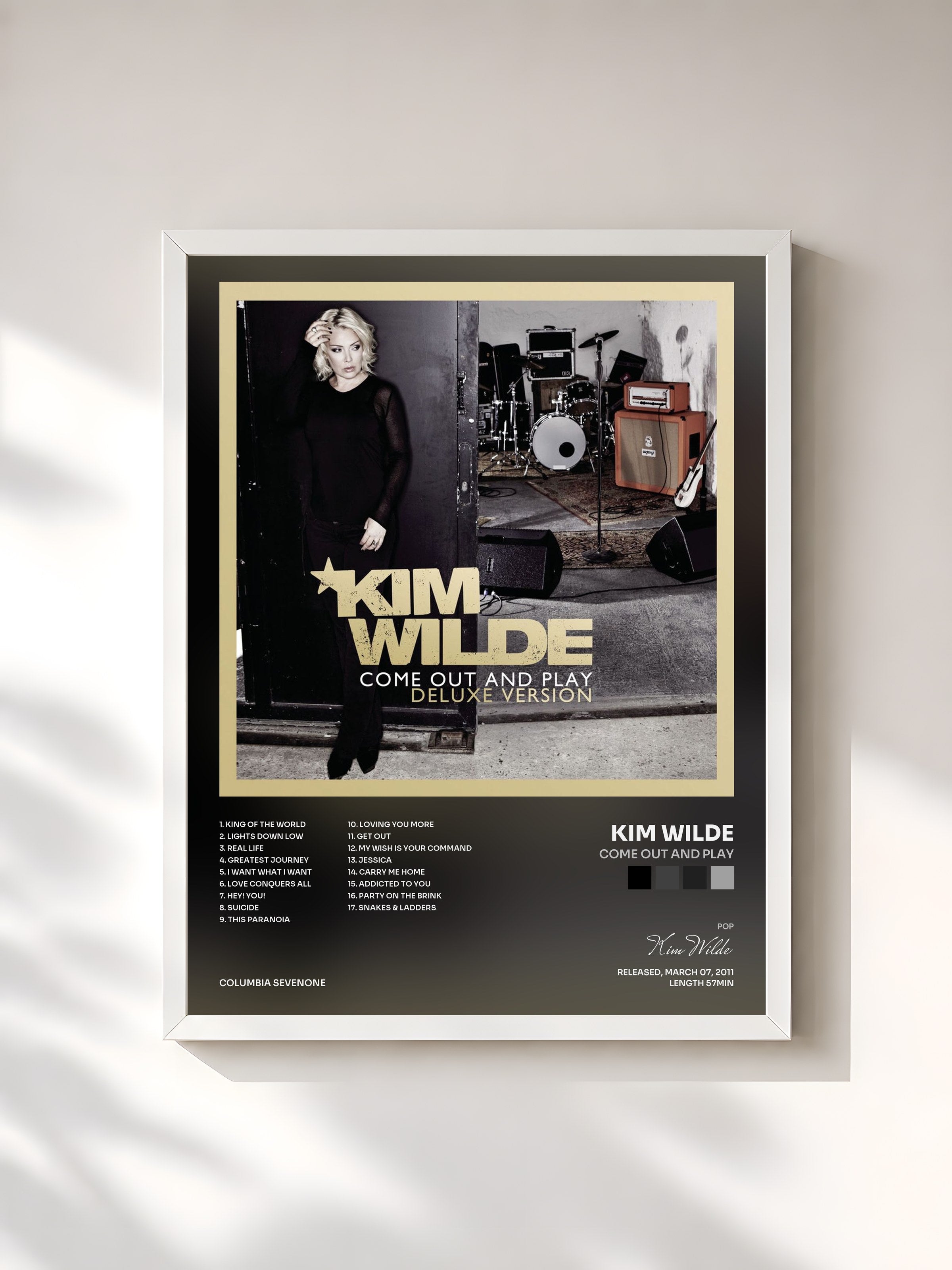 #blanc Tableau de l'album Come Out And Play de Kim Wilde, cadre blanc, imprimé et encadré en France