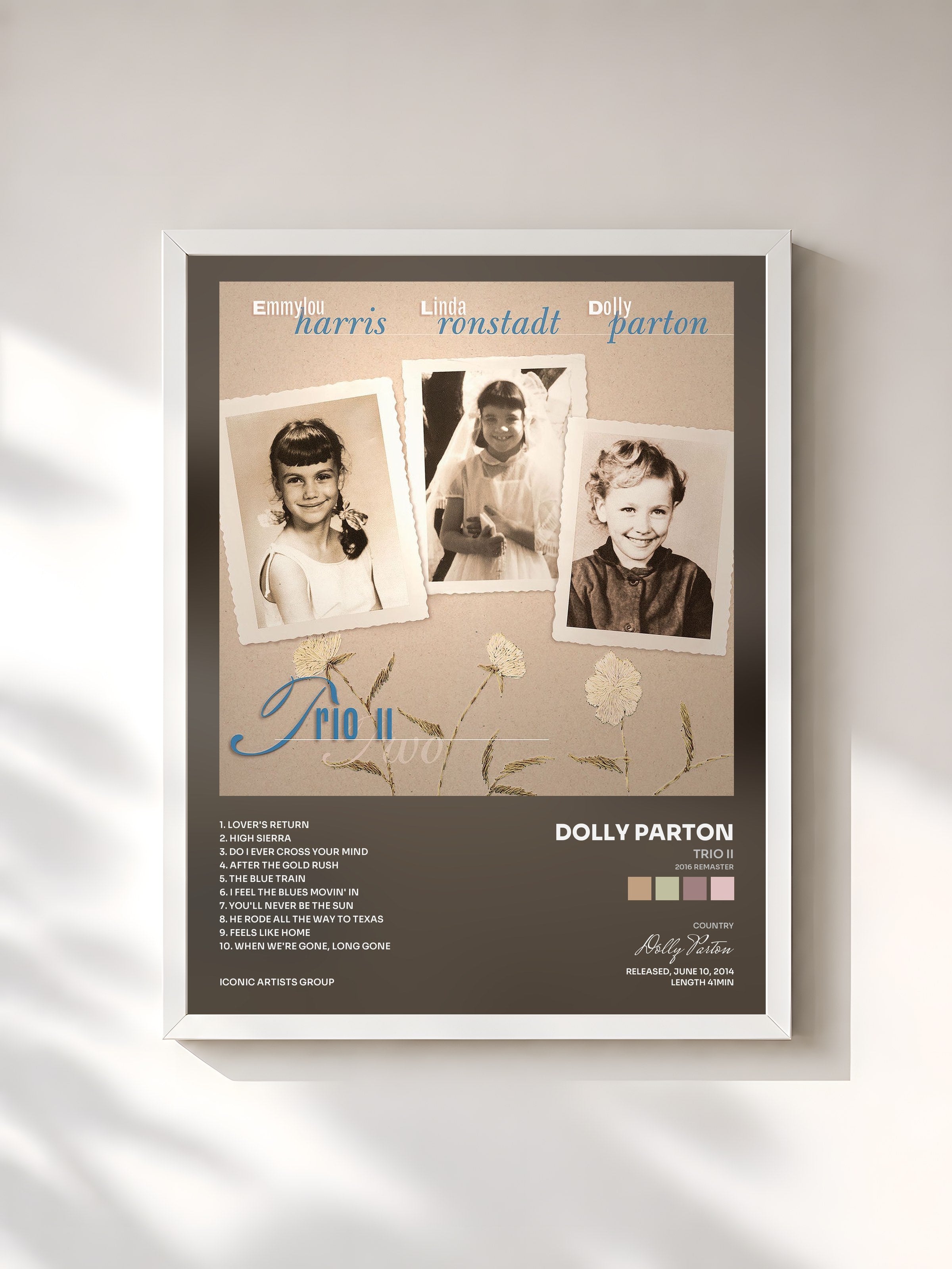 #blanc Tableau de l'album Trio II (2016 Remaster) de Dolly Parton, cadre blanc, imprimé et encadré en France