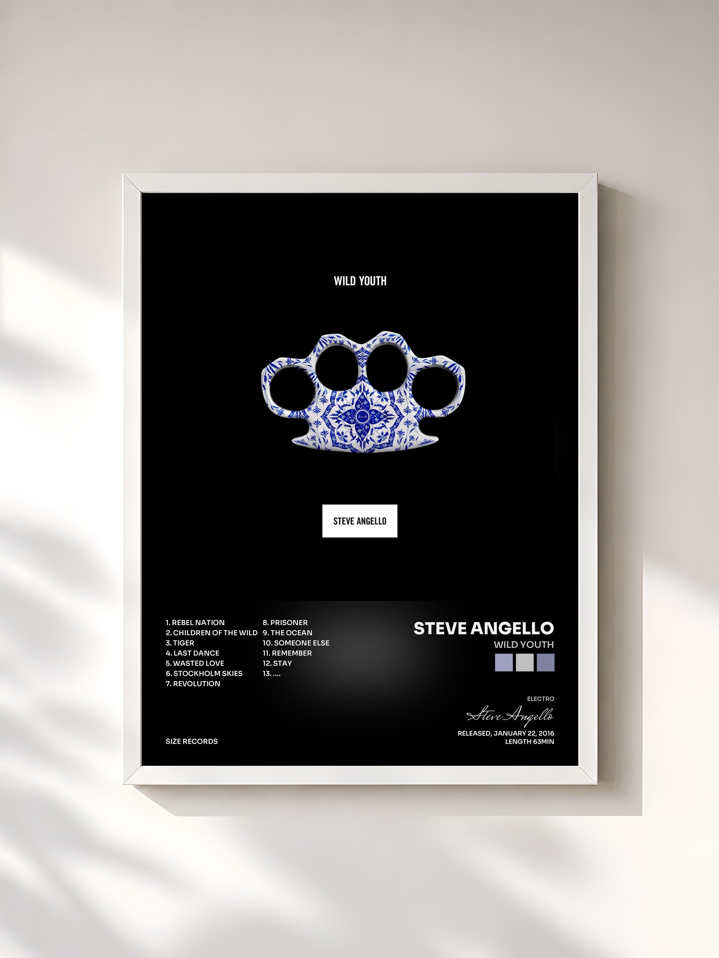 #blanc Tableau de l'album Wild Youth de Steve Angello, cadre blanc, imprimé et encadré en France