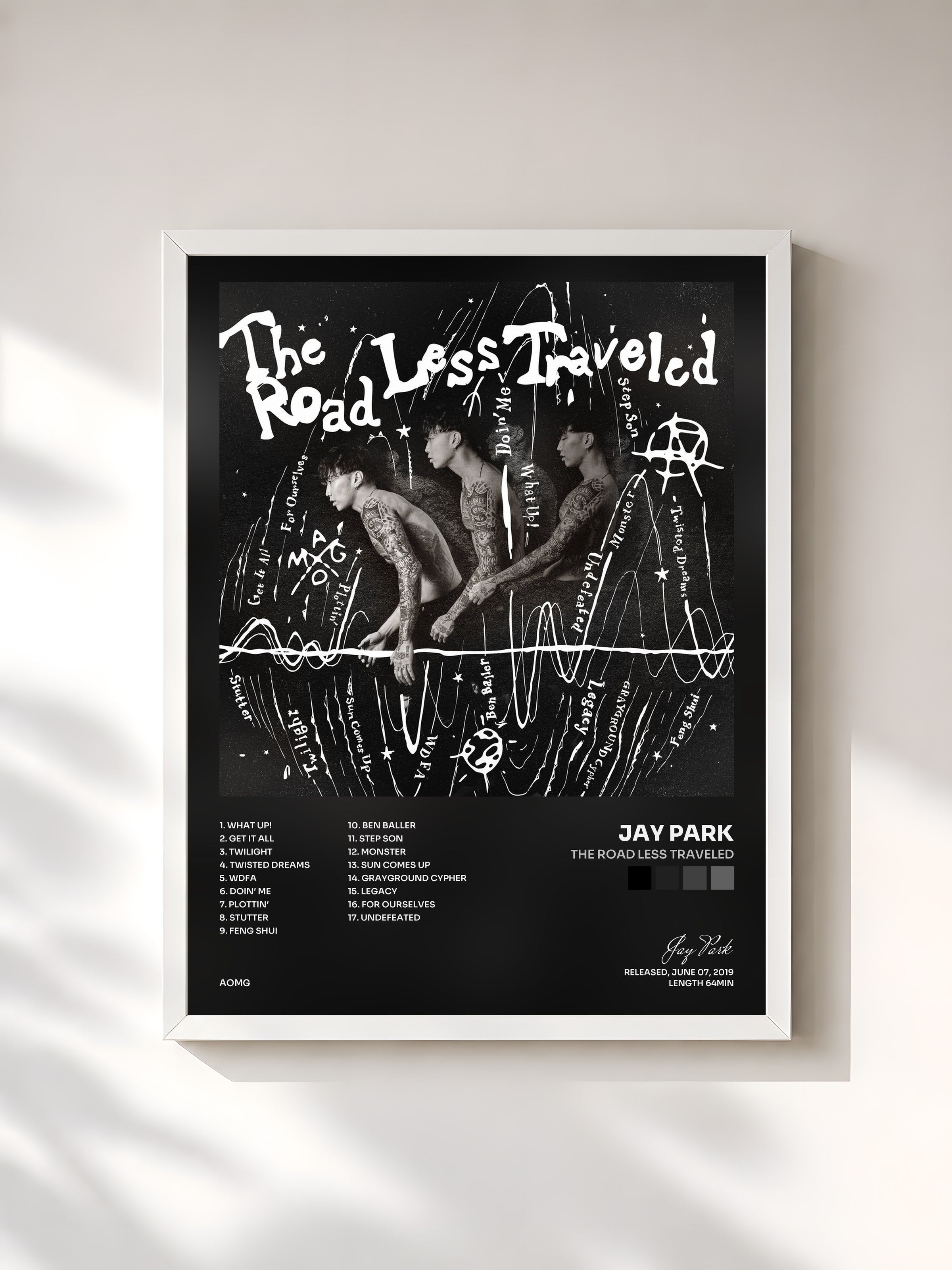 #blanc Tableau de l'album The Road Less Traveled de Jay Park, cadre blanc, imprimé et encadré en France