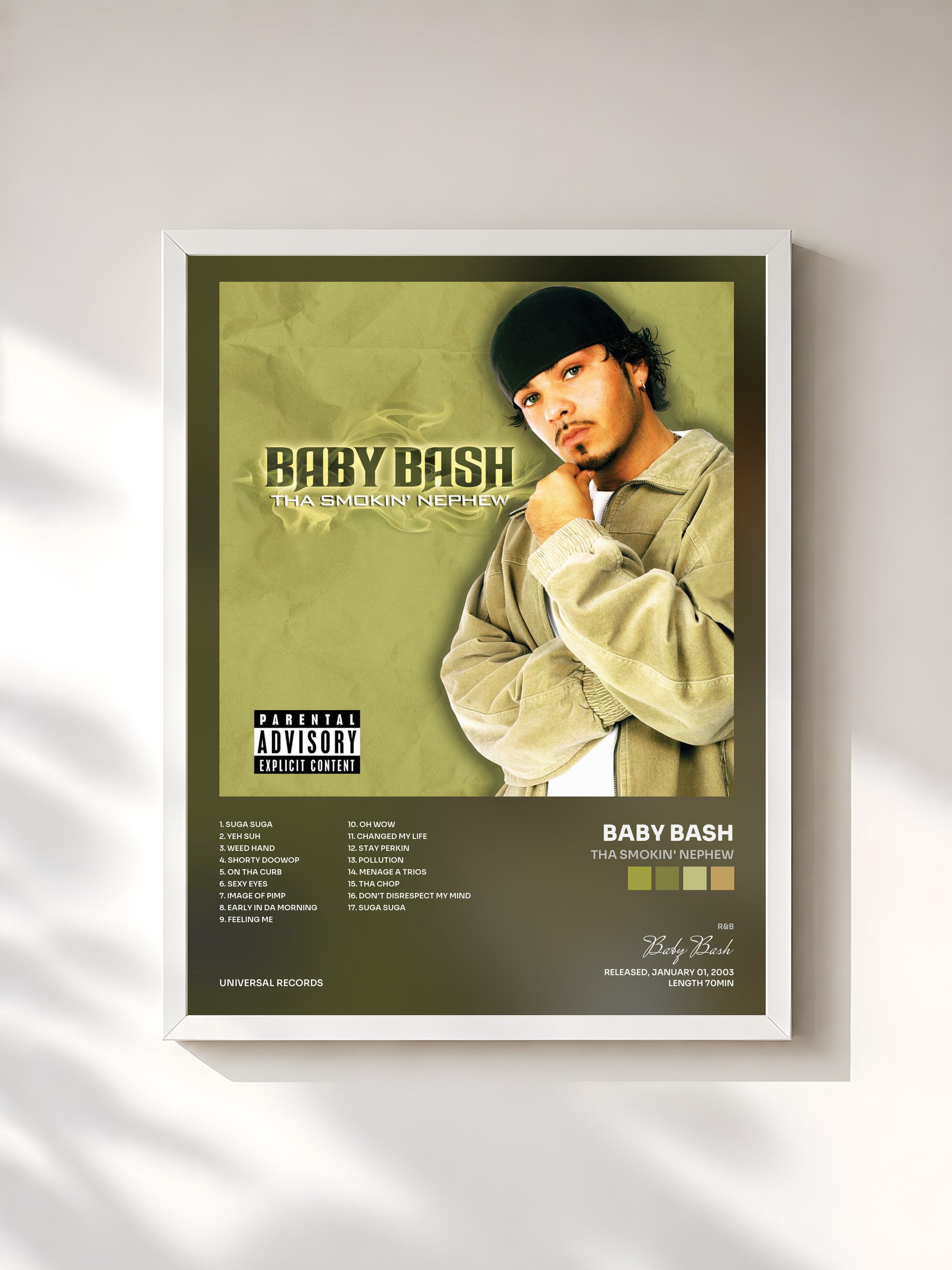 #blanc Tableau de l'album Tha Smokin' Nephew de Baby Bash, cadre blanc, imprimé et encadré en France