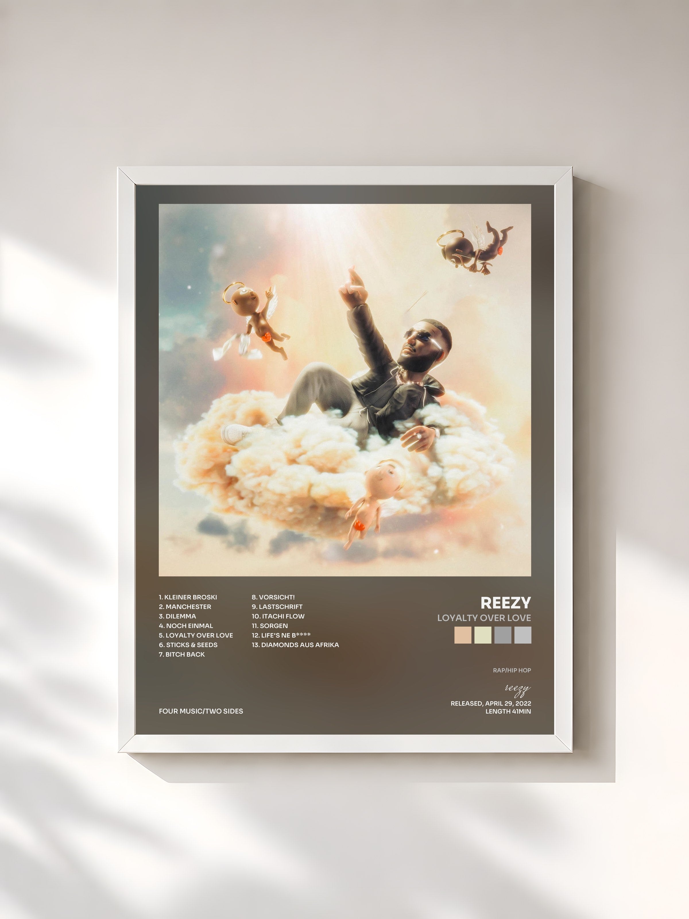 #blanc Tableau de l'album LOYALTY OVER LOVE de reezy, cadre blanc, imprimé et encadré en France