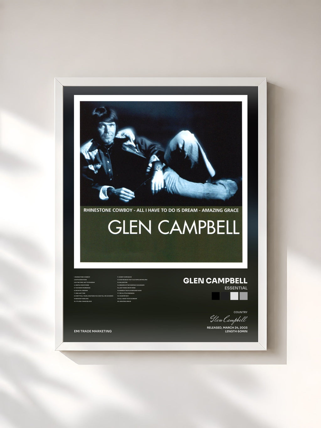 #blanc Tableau de l'album Essential de Glen Campbell, cadre blanc, imprimé et encadré en France