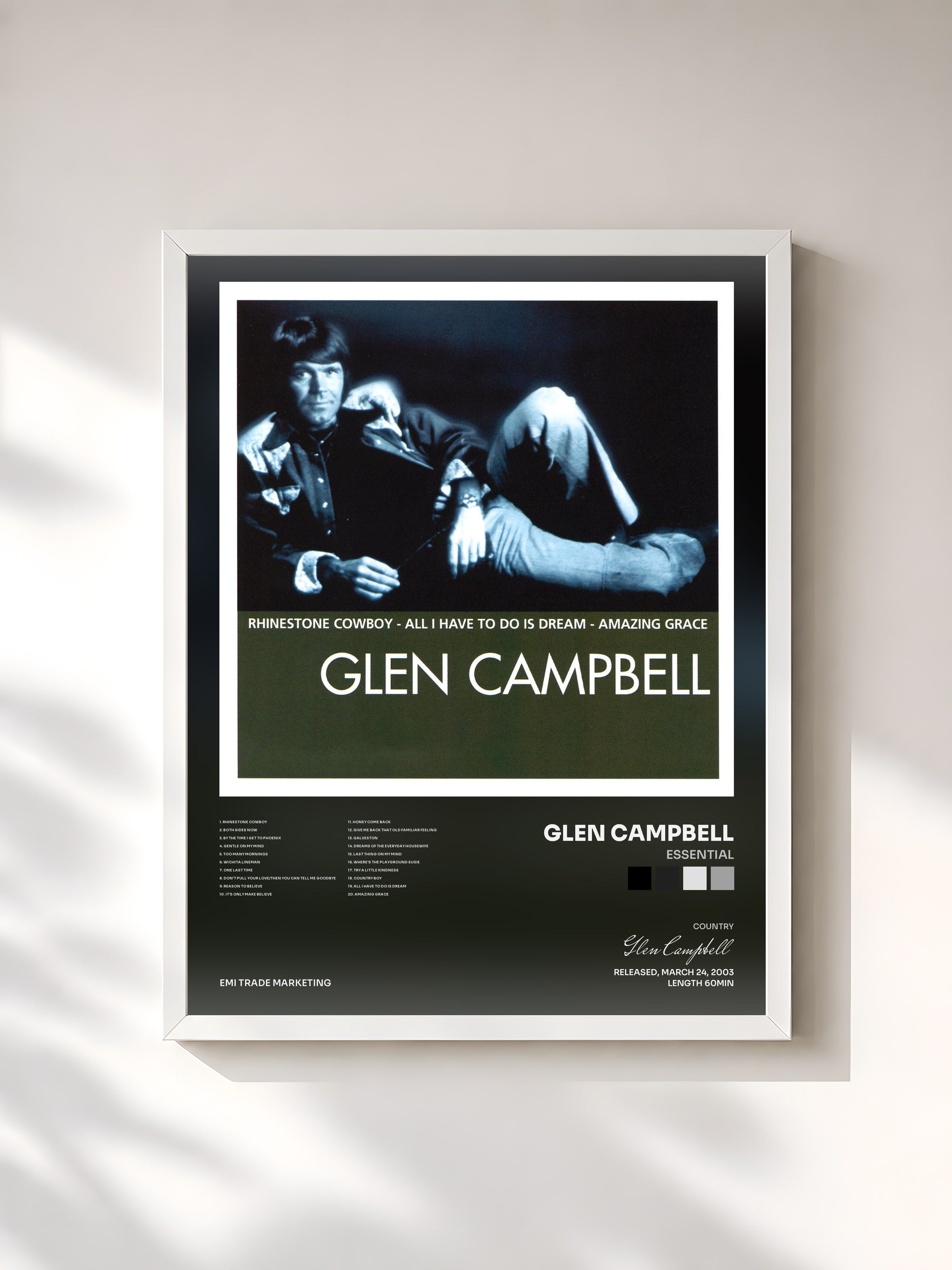 #blanc Tableau de l'album Essential de Glen Campbell, cadre blanc, imprimé et encadré en France