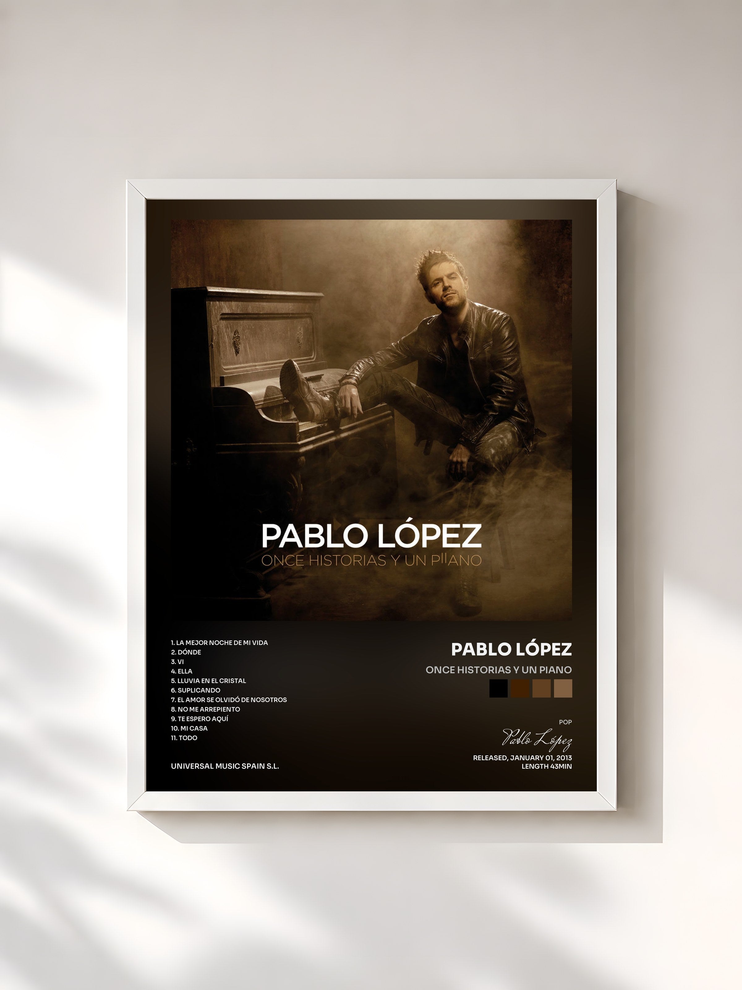 #blanc Tableau de l'album Once Historias Y Un Piano de Pablo López, cadre blanc, imprimé et encadré en France