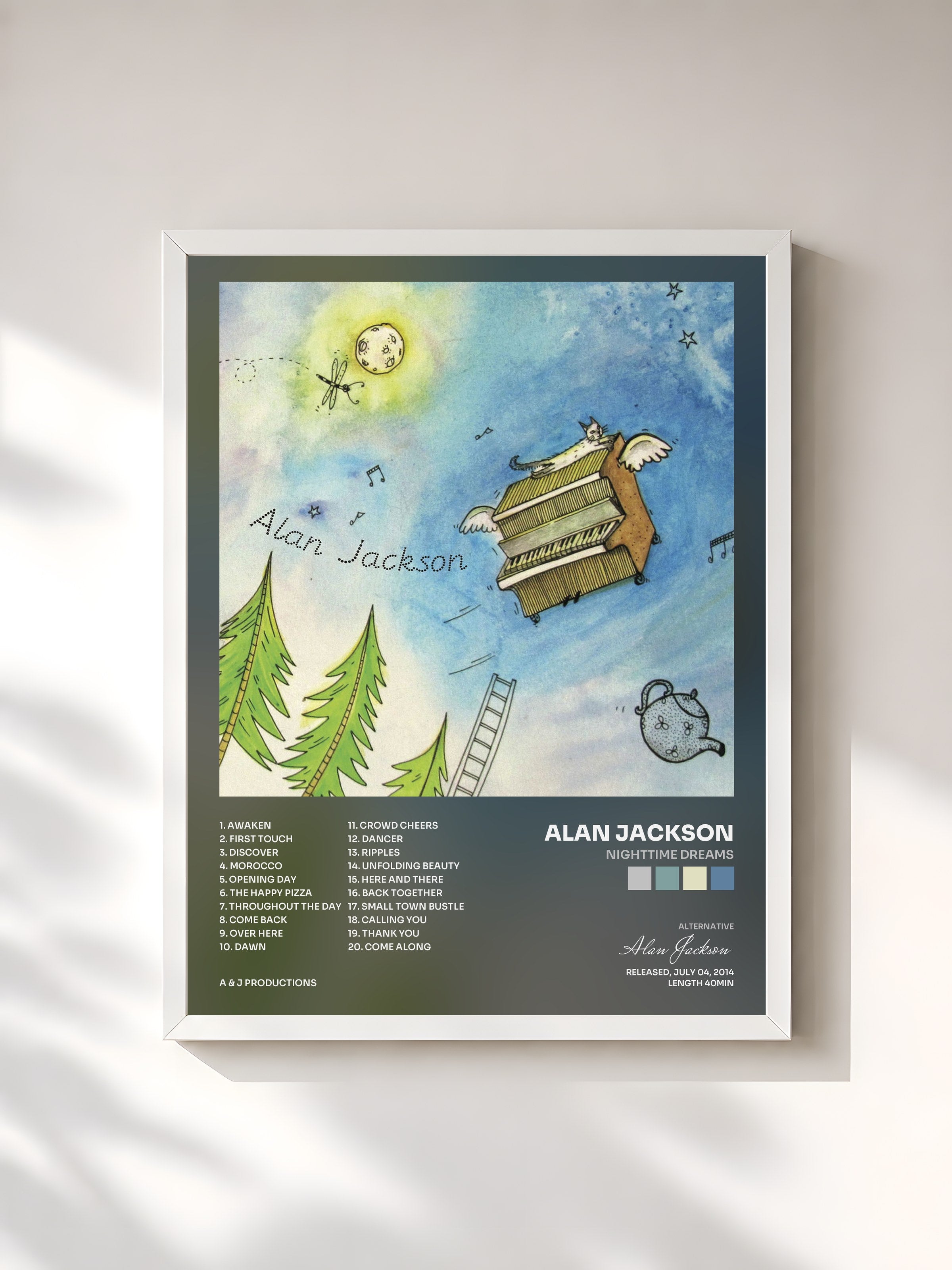 #blanc Tableau de l'album Nighttime Dreams de Alan Jackson, cadre blanc, imprimé et encadré en France