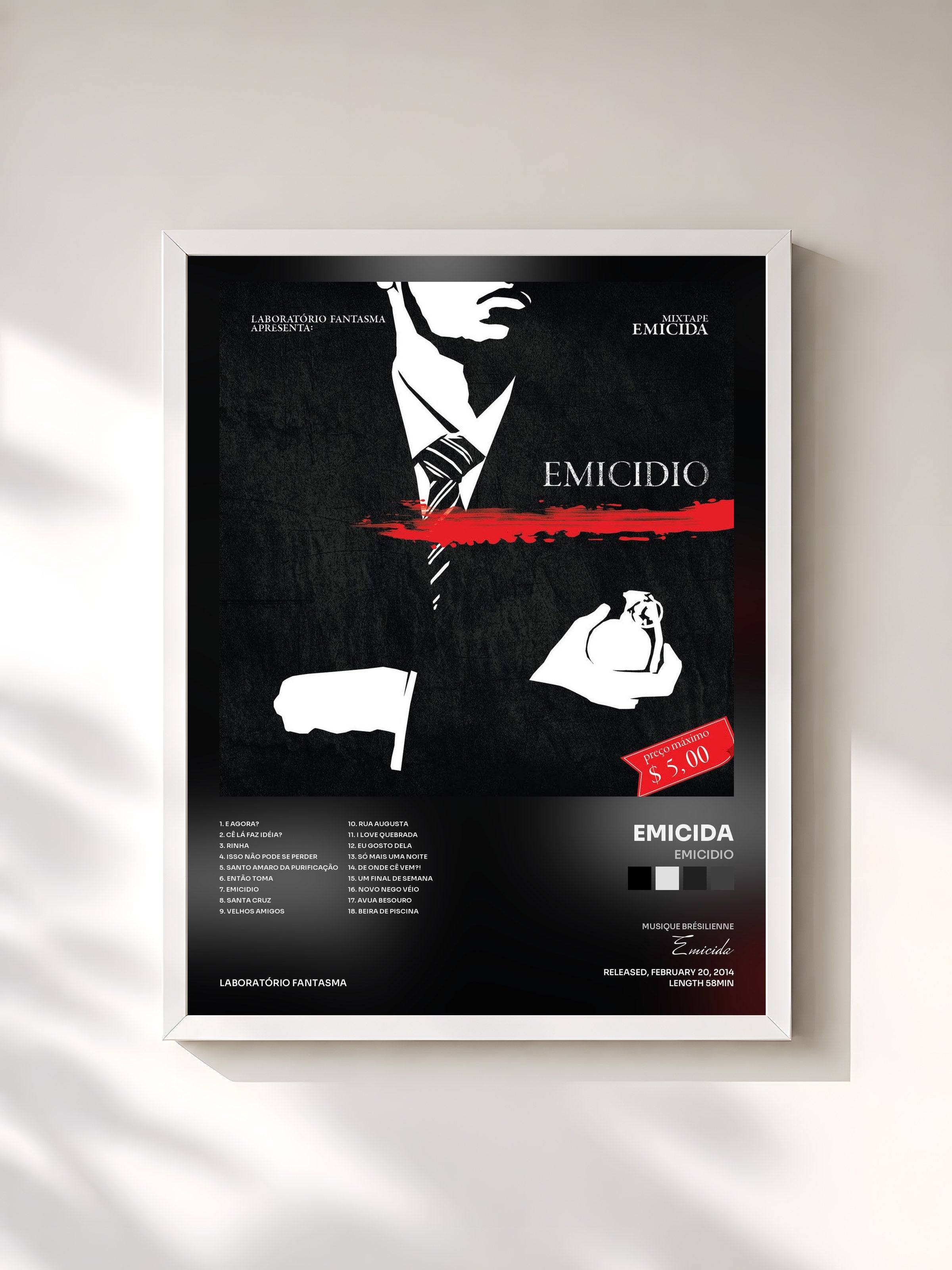 #blanc Tableau de l'album Emicidio de Emicida, cadre blanc, imprimé et encadré en France