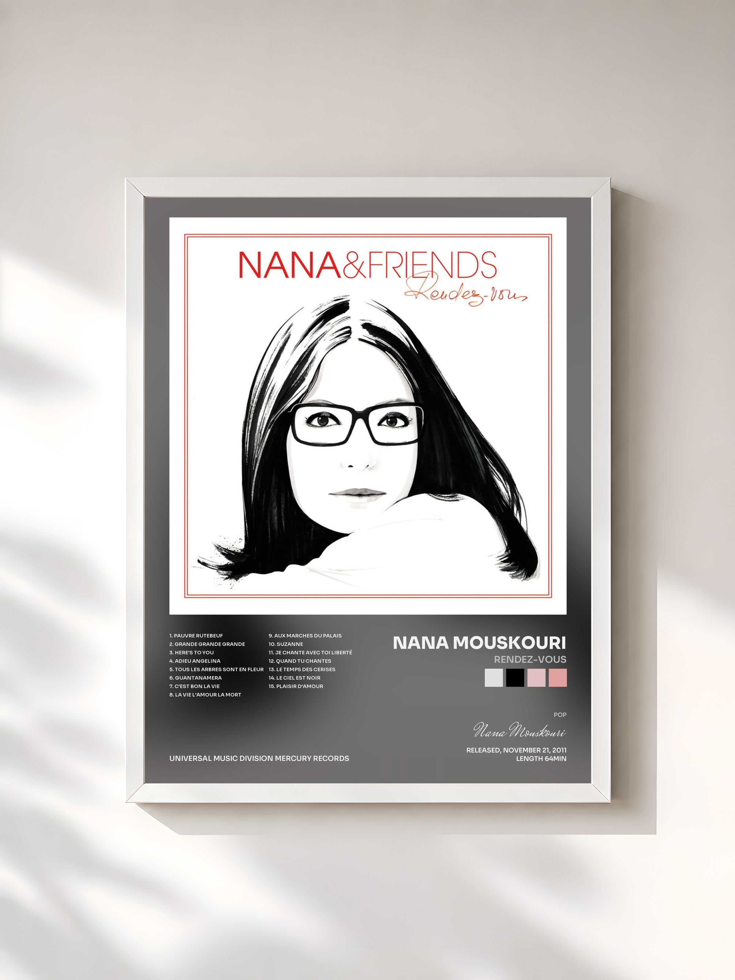 #blanc Tableau de l'album Rendez-Vous de Nana Mouskouri, cadre blanc, imprimé et encadré en France