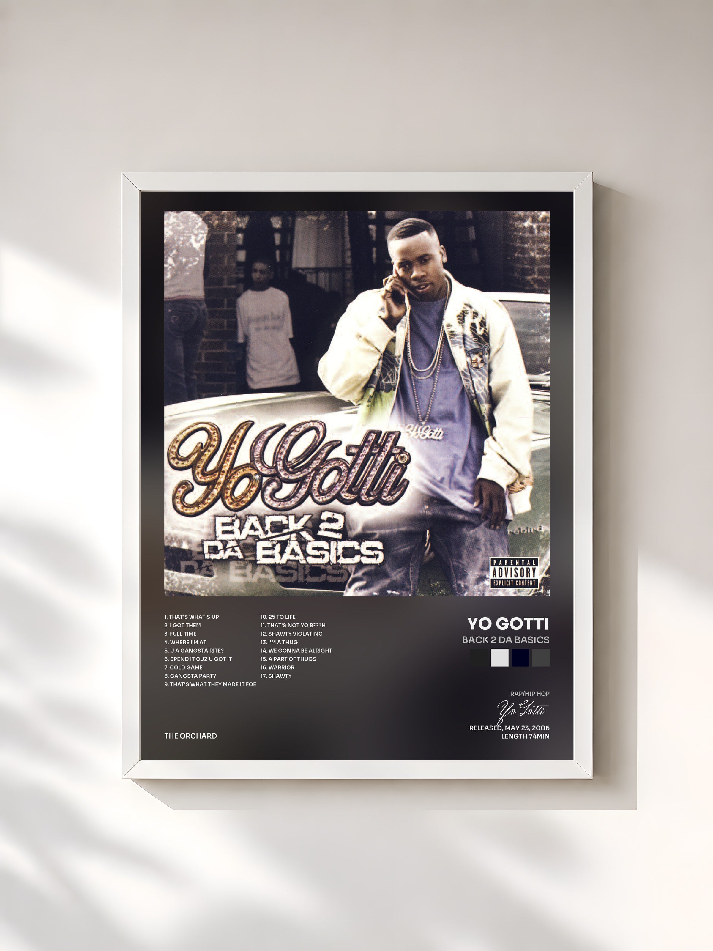 #blanc Tableau de l'album Back 2 Da Basics de Yo Gotti, cadre blanc, imprimé et encadré en France