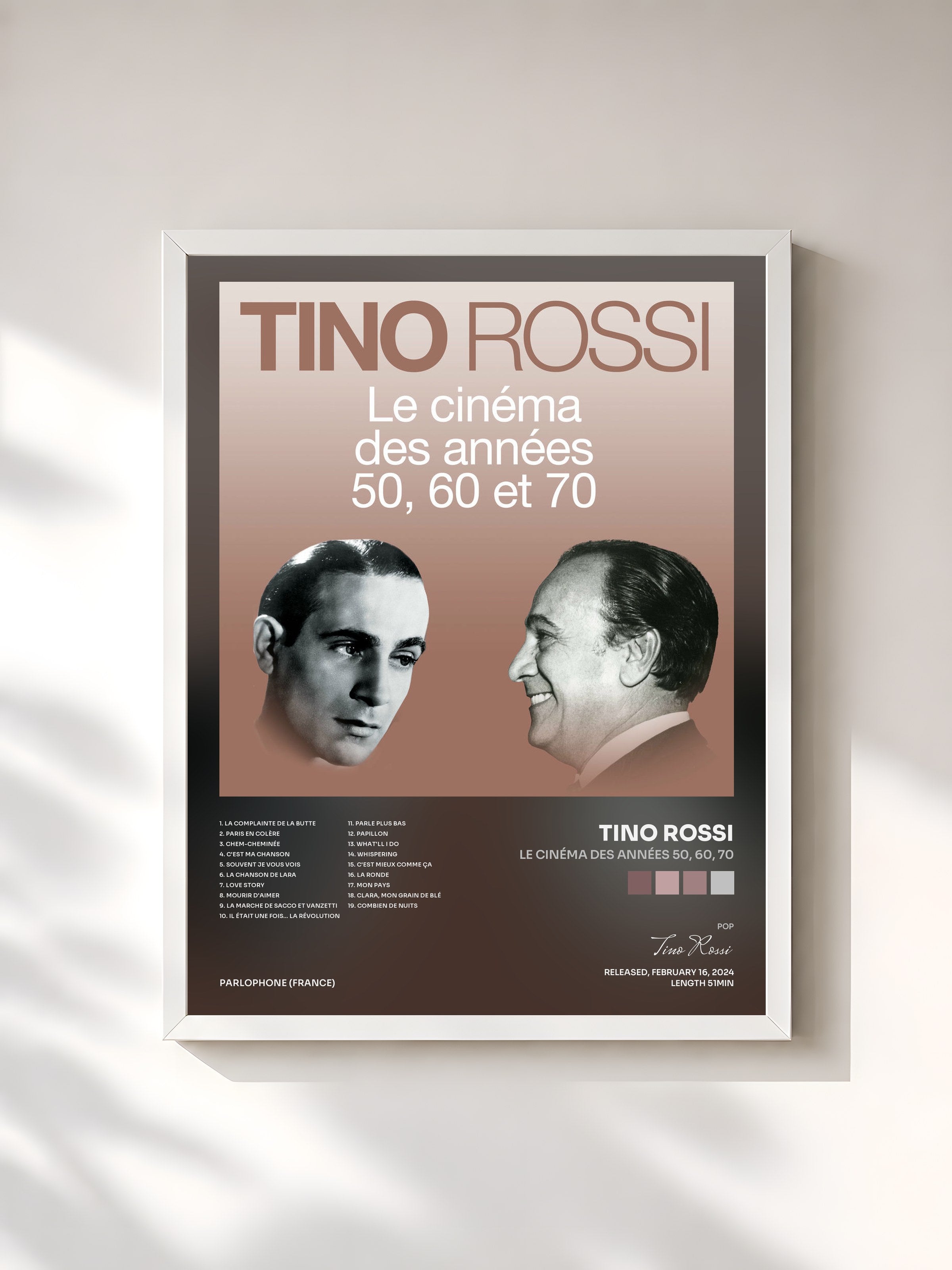 #blanc Tableau de l'album Le cinéma des années 50, 60, 70 de Tino Rossi, cadre blanc, imprimé et encadré en France