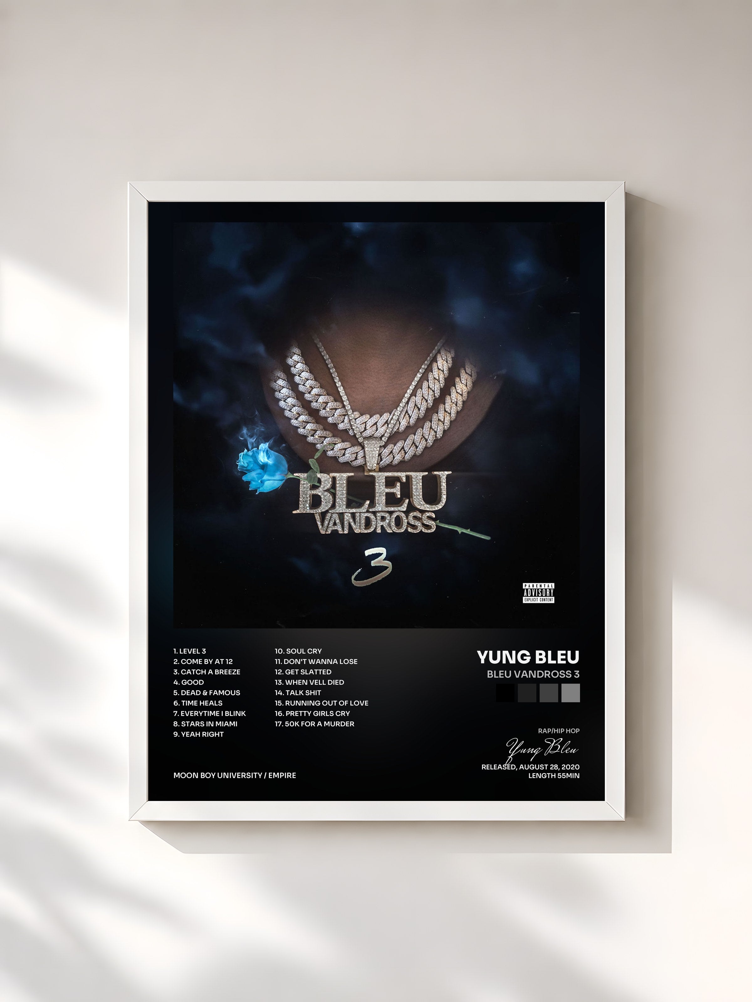 #blanc Tableau de l'album Bleu Vandross 3 de Yung Bleu, cadre blanc, imprimé et encadré en France