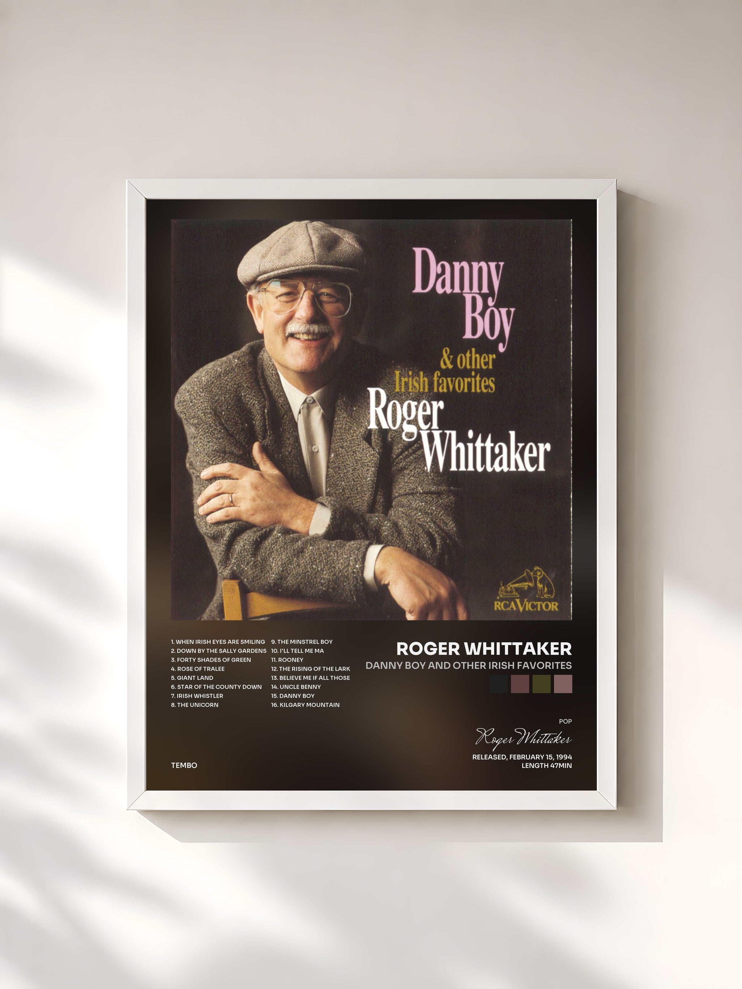 #blanc Tableau de l'album Danny Boy And Other Irish Favorites de Roger Whittaker, cadre blanc, imprimé et encadré en France