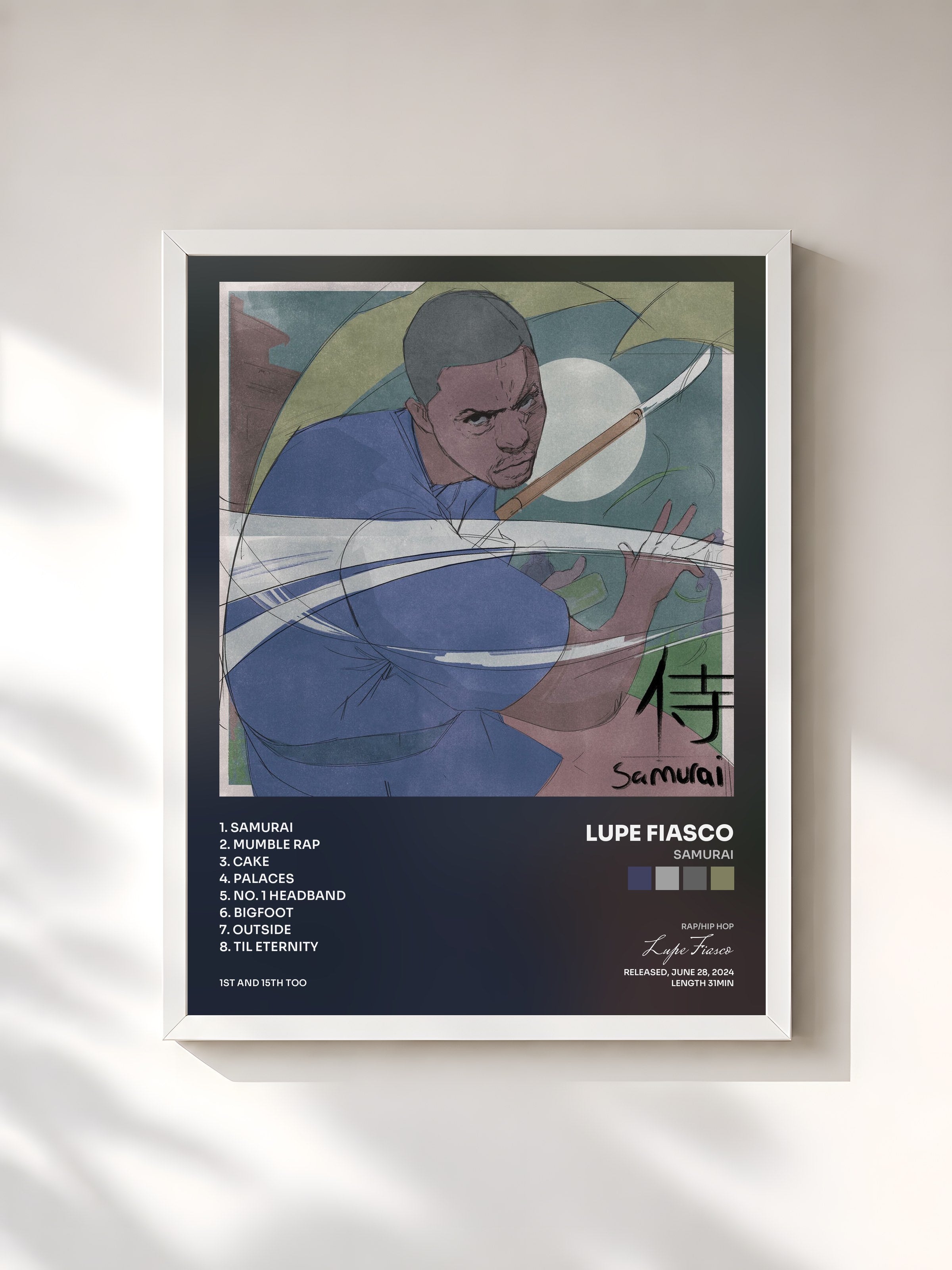 #blanc Tableau de l'album Samurai de Lupe Fiasco, cadre blanc, imprimé et encadré en France