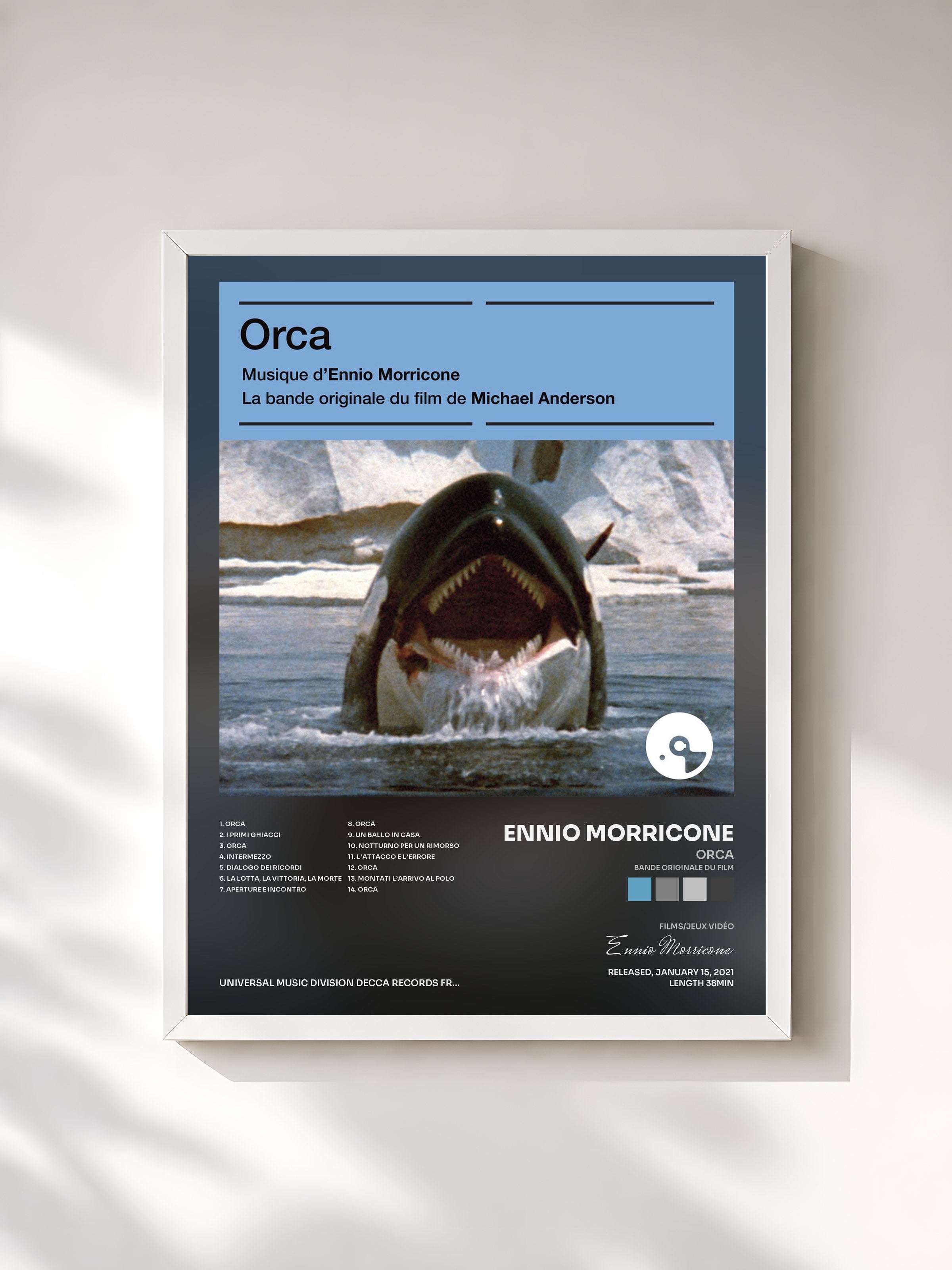 #blanc Tableau de l'album Orca (Bande originale du film) de Ennio Morricone, cadre blanc, imprimé et encadré en France