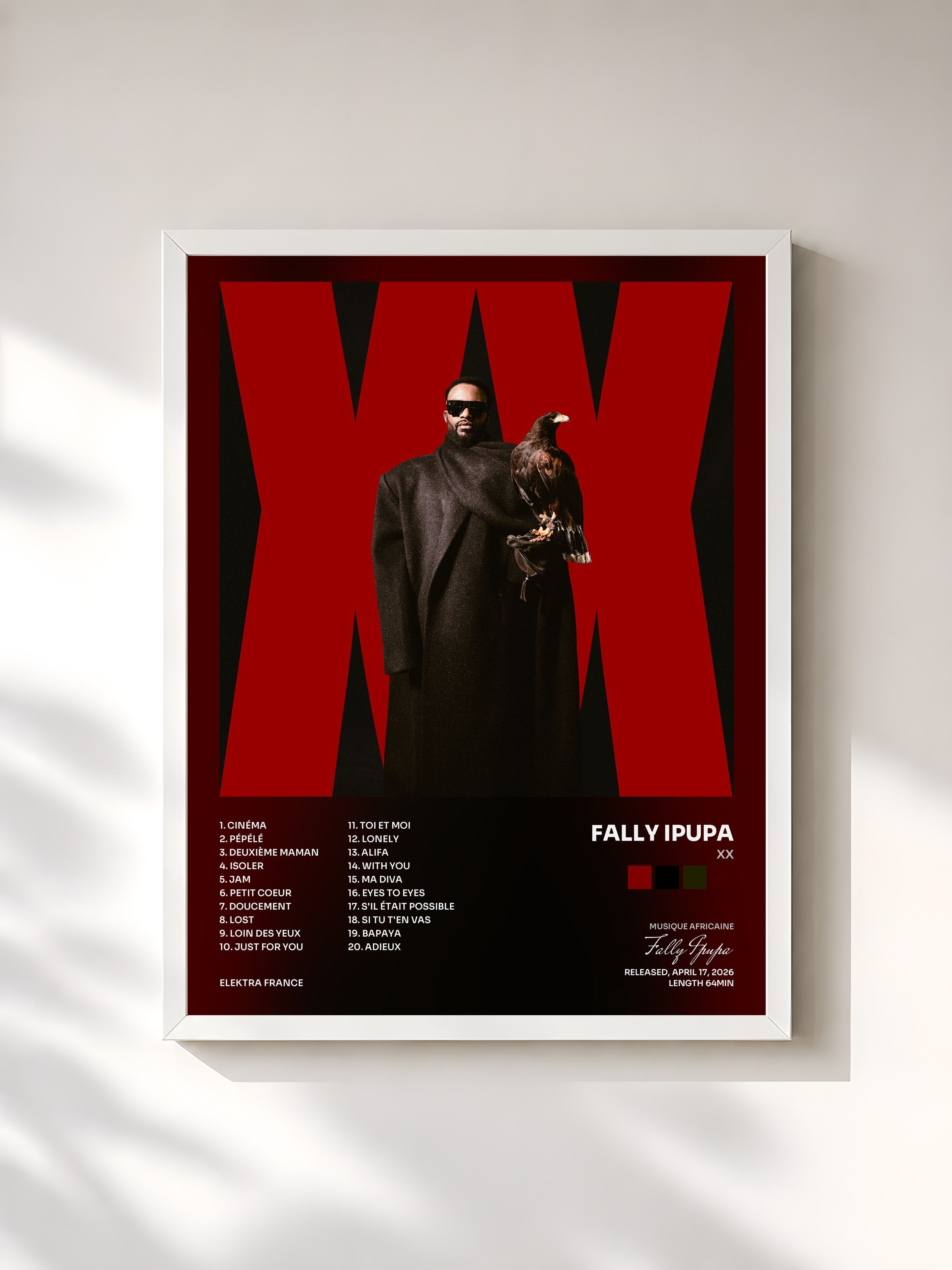 #blanc Tableau de l'album XX de Fally Ipupa, cadre blanc, imprimé et encadré en France