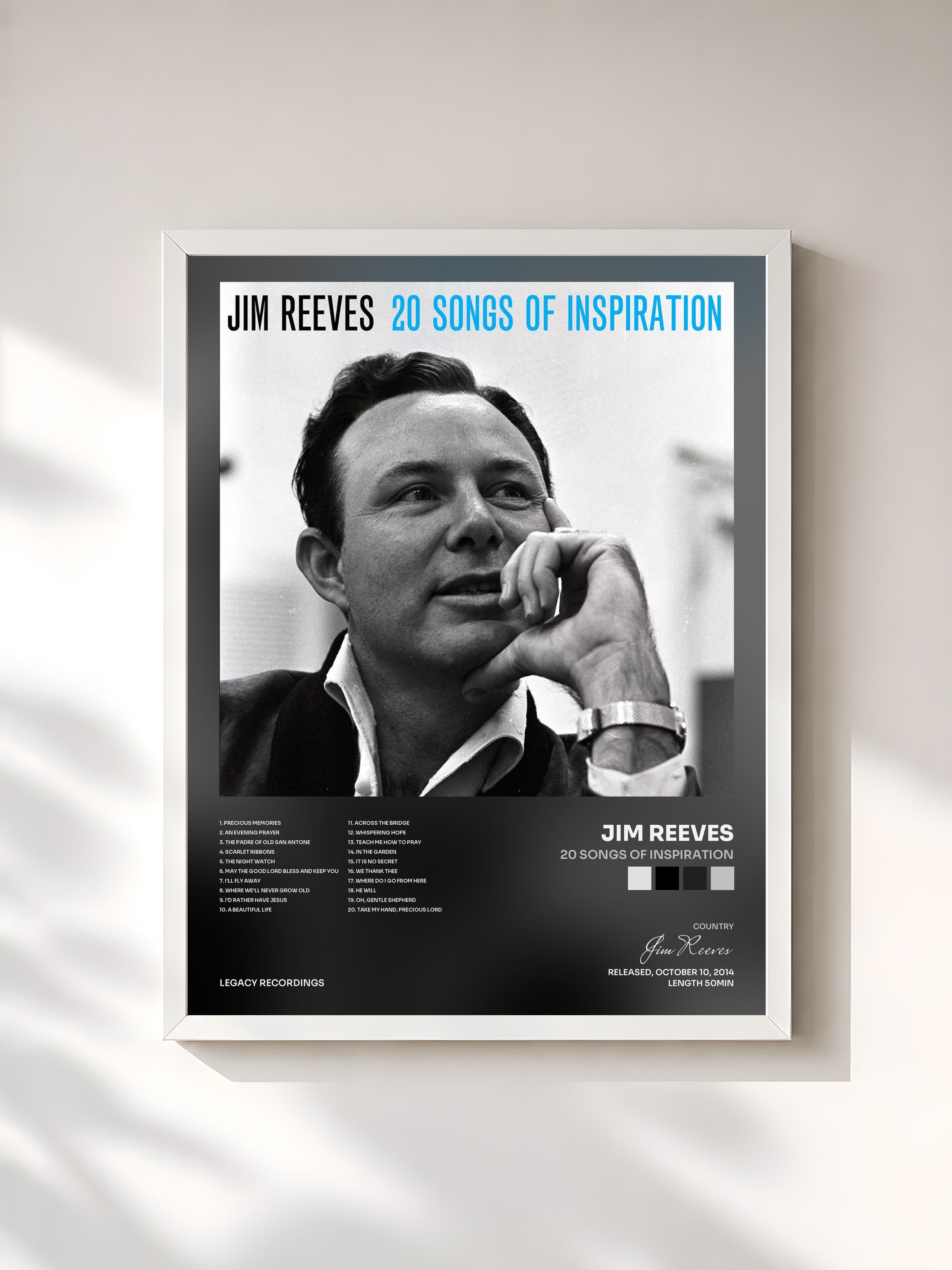 #blanc Tableau de l'album 20 Songs of Inspiration de Jim Reeves, cadre blanc, imprimé et encadré en France