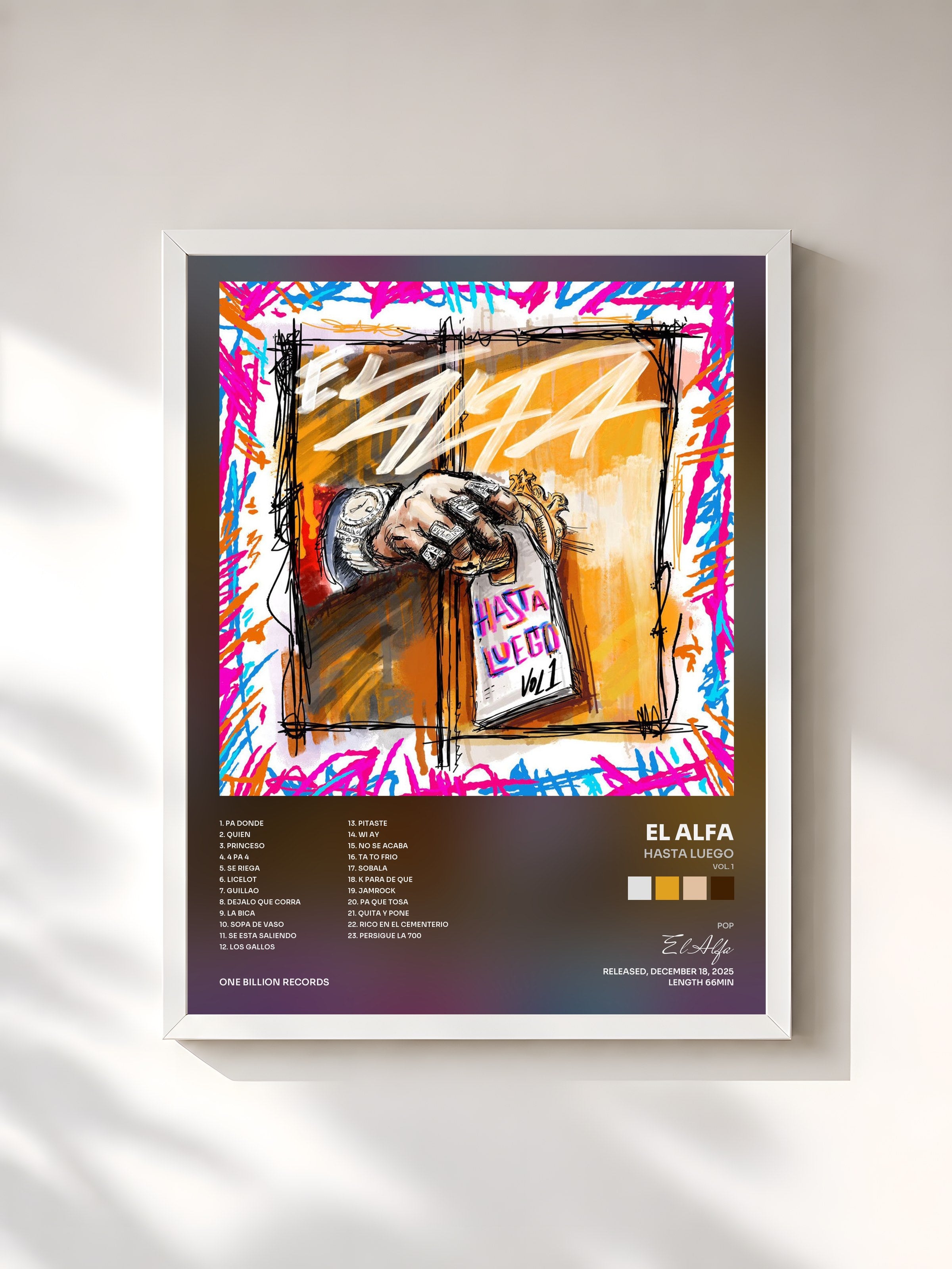 #blanc Tableau de l'album HASTA LUEGO (Vol. 1) de El Alfa, cadre blanc, imprimé et encadré en France