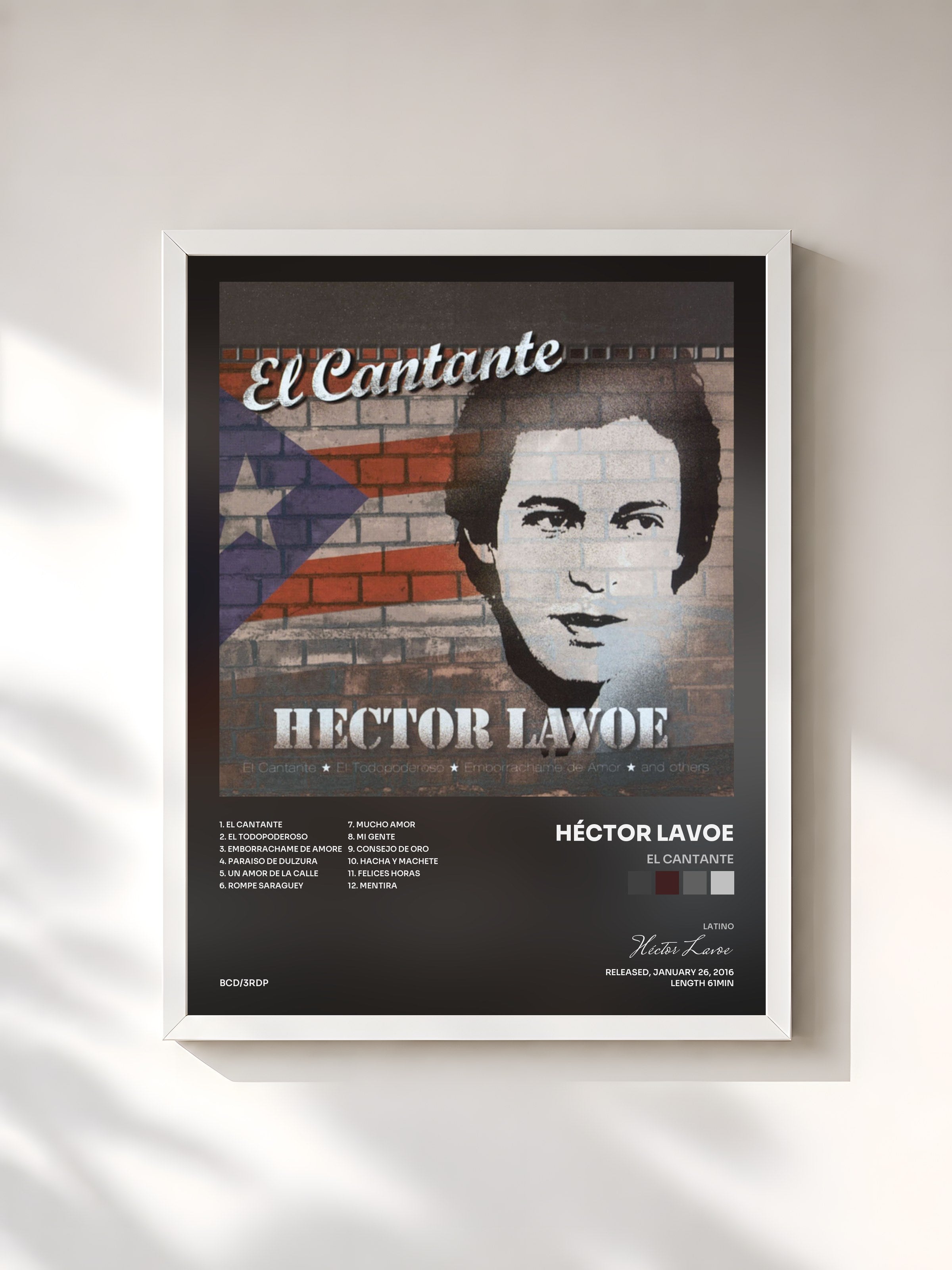 #blanc Tableau de l'album El Cantante de Héctor Lavoe, cadre blanc, imprimé et encadré en France