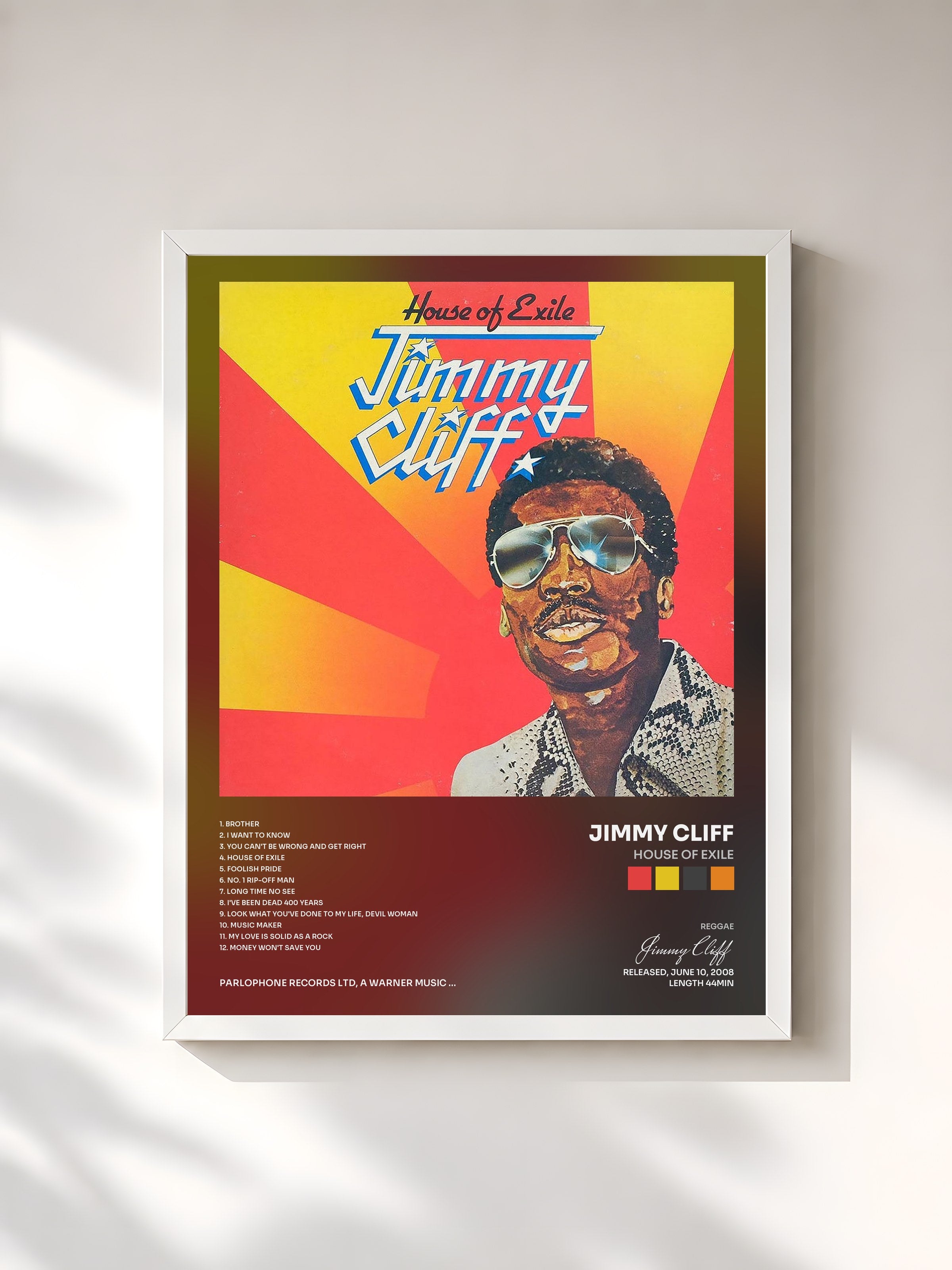 #blanc Tableau de l'album House of Exile de Jimmy Cliff, cadre blanc, imprimé et encadré en France