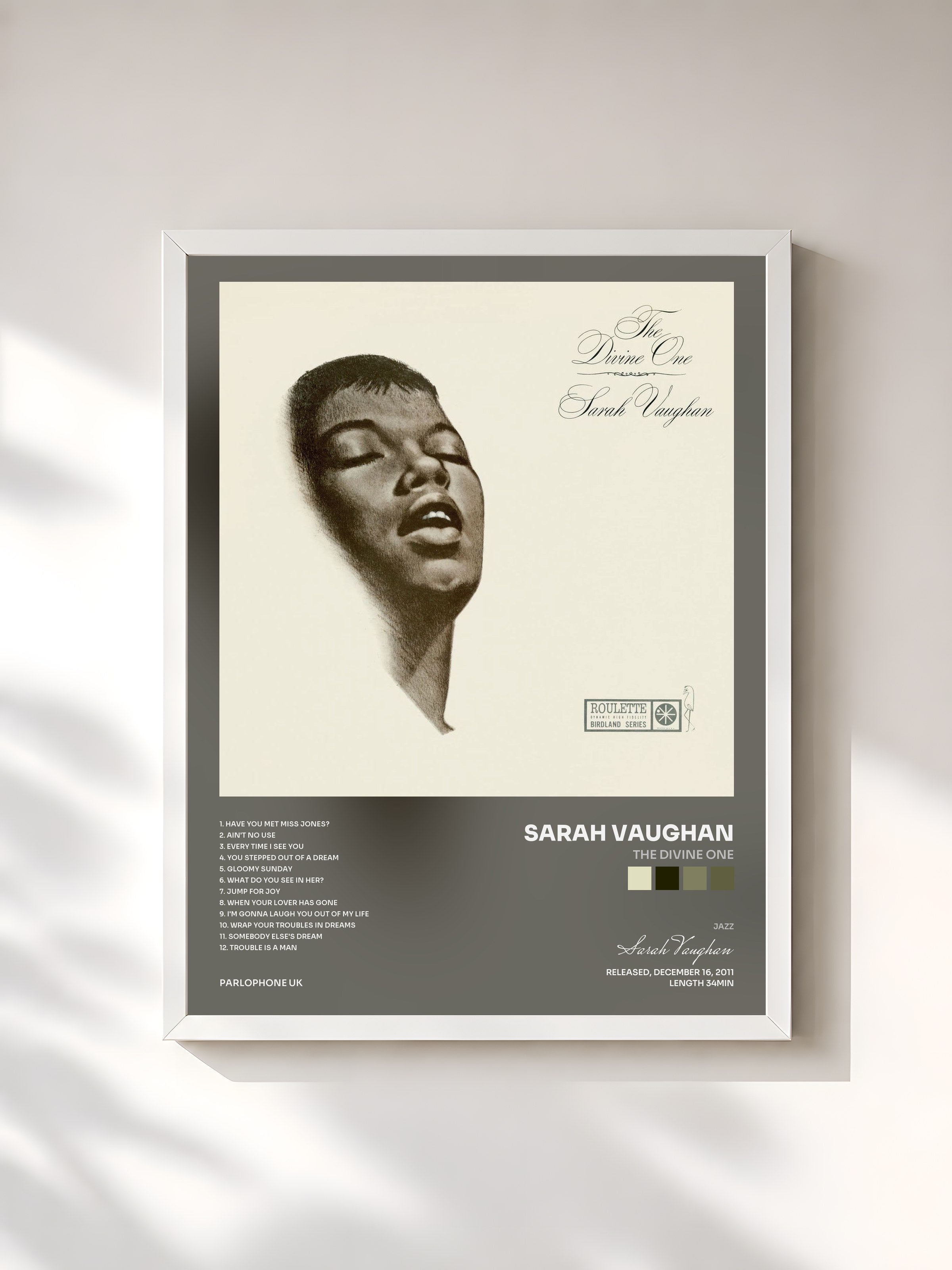 #blanc Tableau de l'album The Divine One de Sarah Vaughan, cadre blanc, imprimé et encadré en France