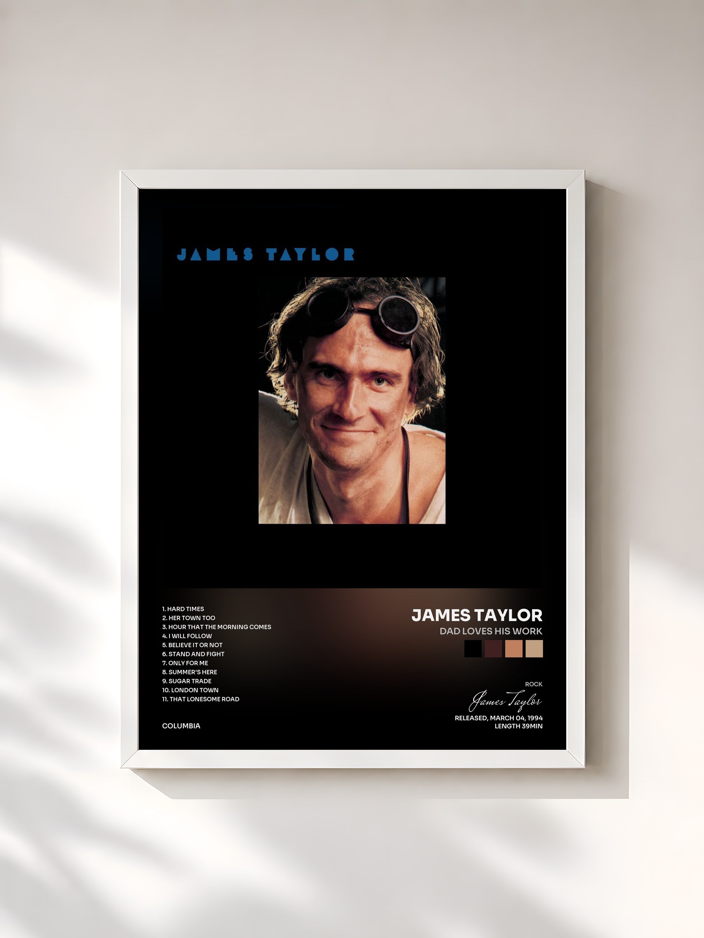 #blanc Tableau de l'album Dad Loves His Work de James Taylor, cadre blanc, imprimé et encadré en France