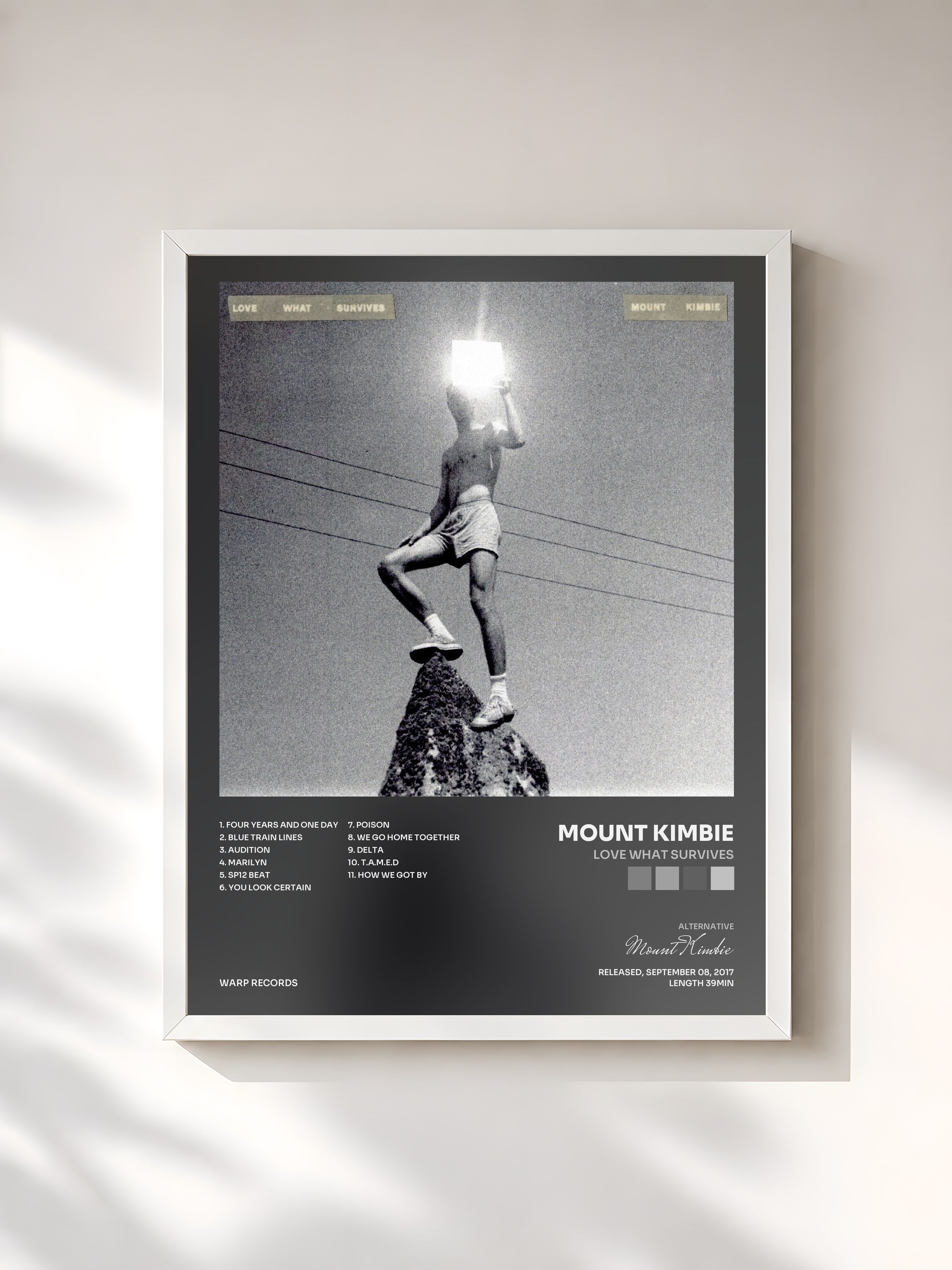 #blanc Tableau de l'album Love What Survives de Mount Kimbie, cadre blanc, imprimé et encadré en France
