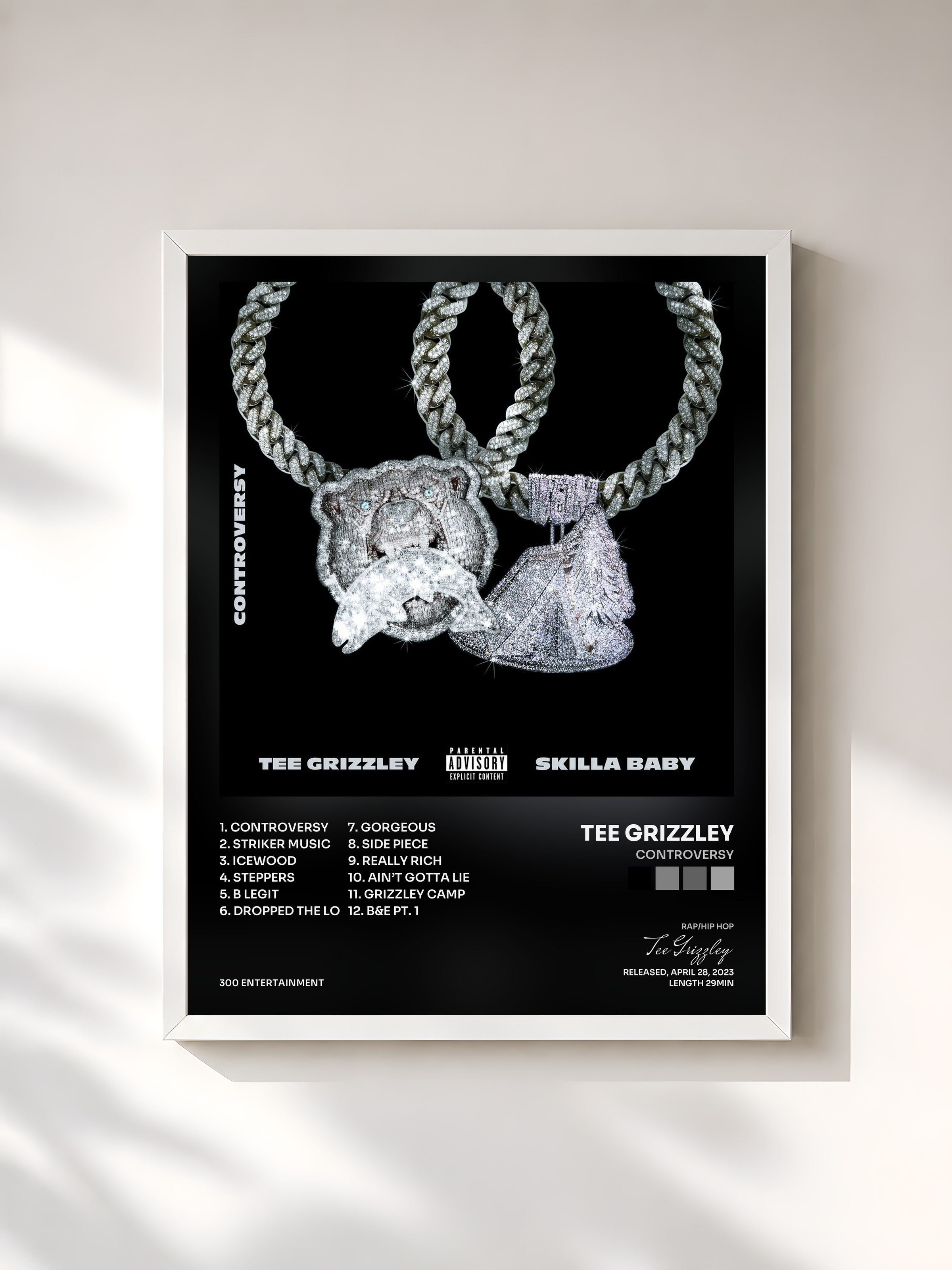 #blanc Tableau de l'album Controversy de Tee Grizzley, cadre blanc, imprimé et encadré en France