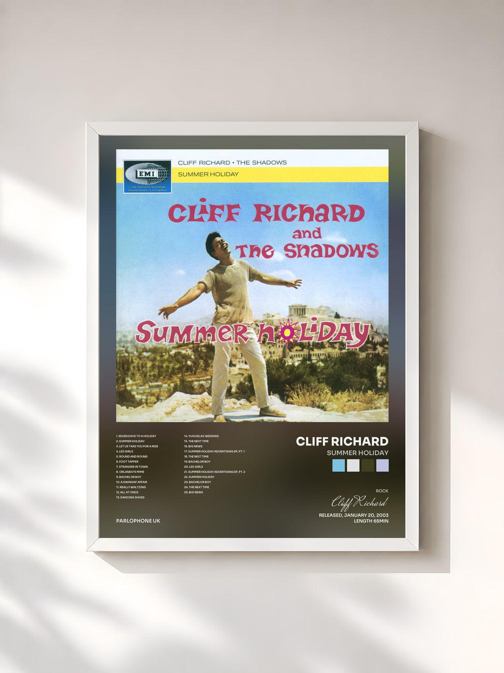 #blanc Tableau de l'album Summer Holiday de Cliff Richard, cadre blanc, imprimé et encadré en France