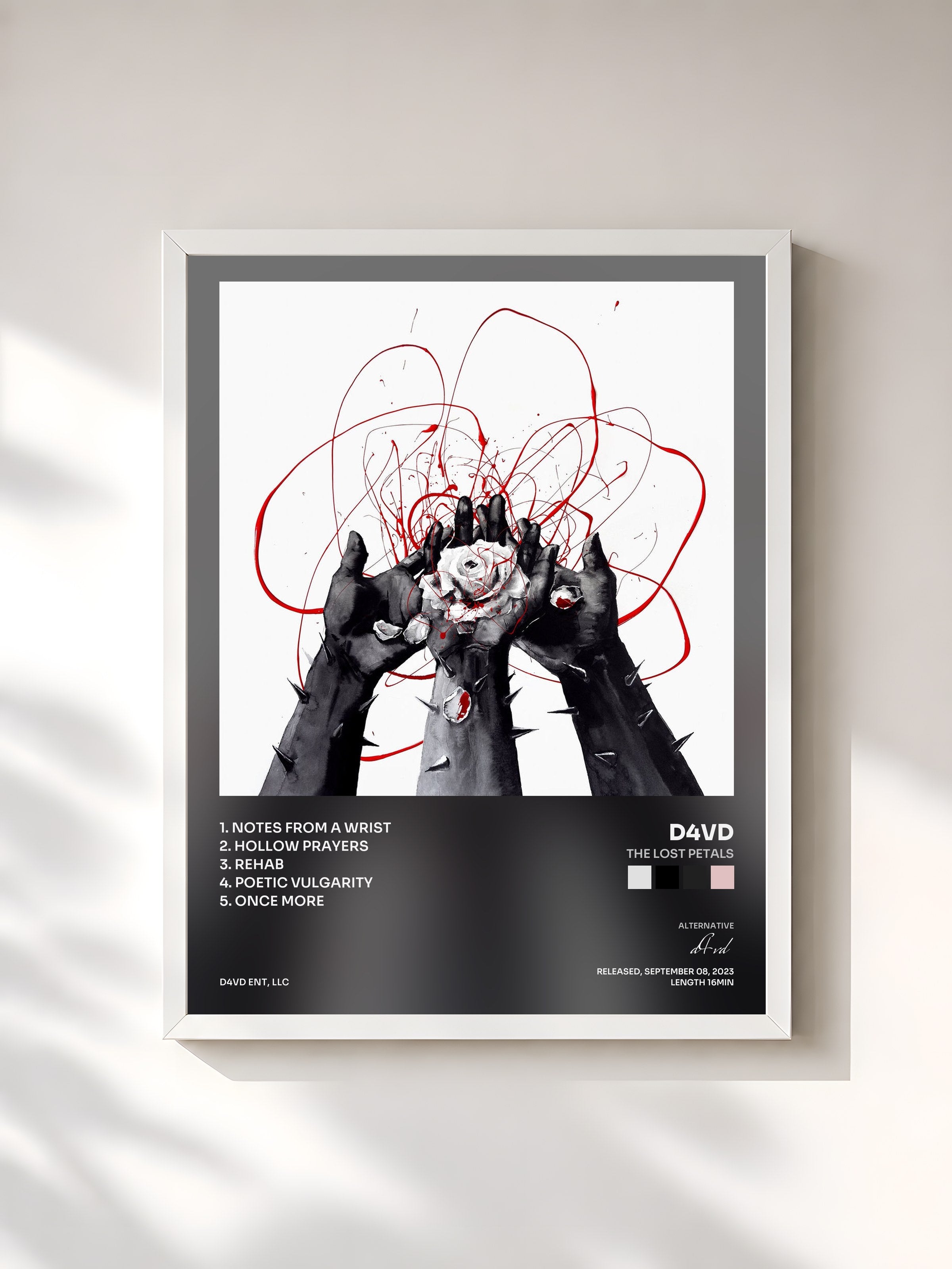 #blanc Tableau de l'album The Lost Petals de d4vd, cadre blanc, imprimé et encadré en France