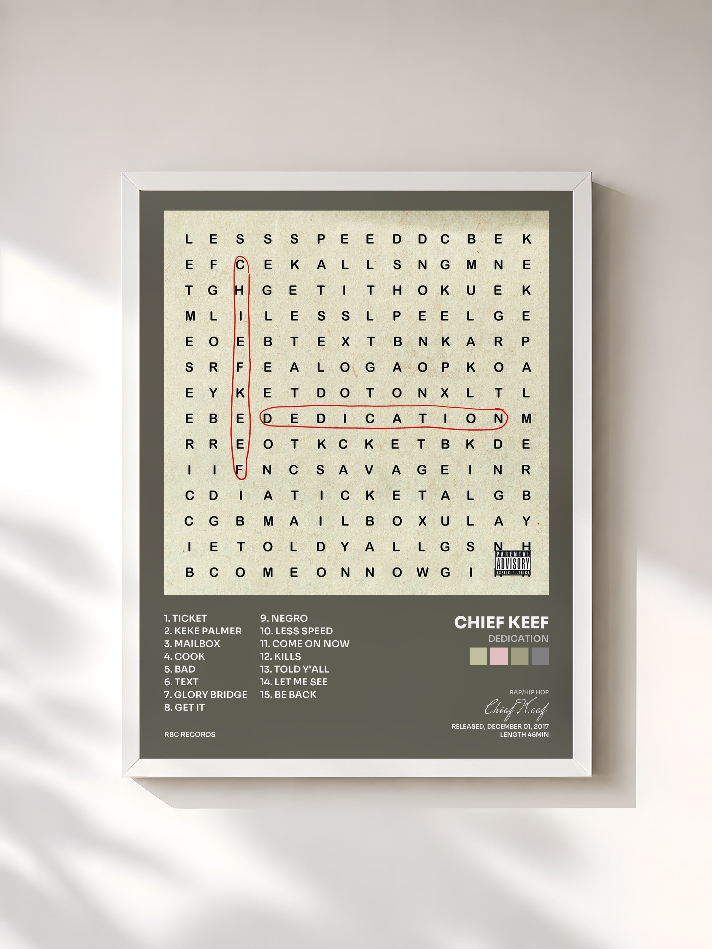 #blanc Tableau de l'album Dedication de Chief Keef, cadre blanc, imprimé et encadré en France