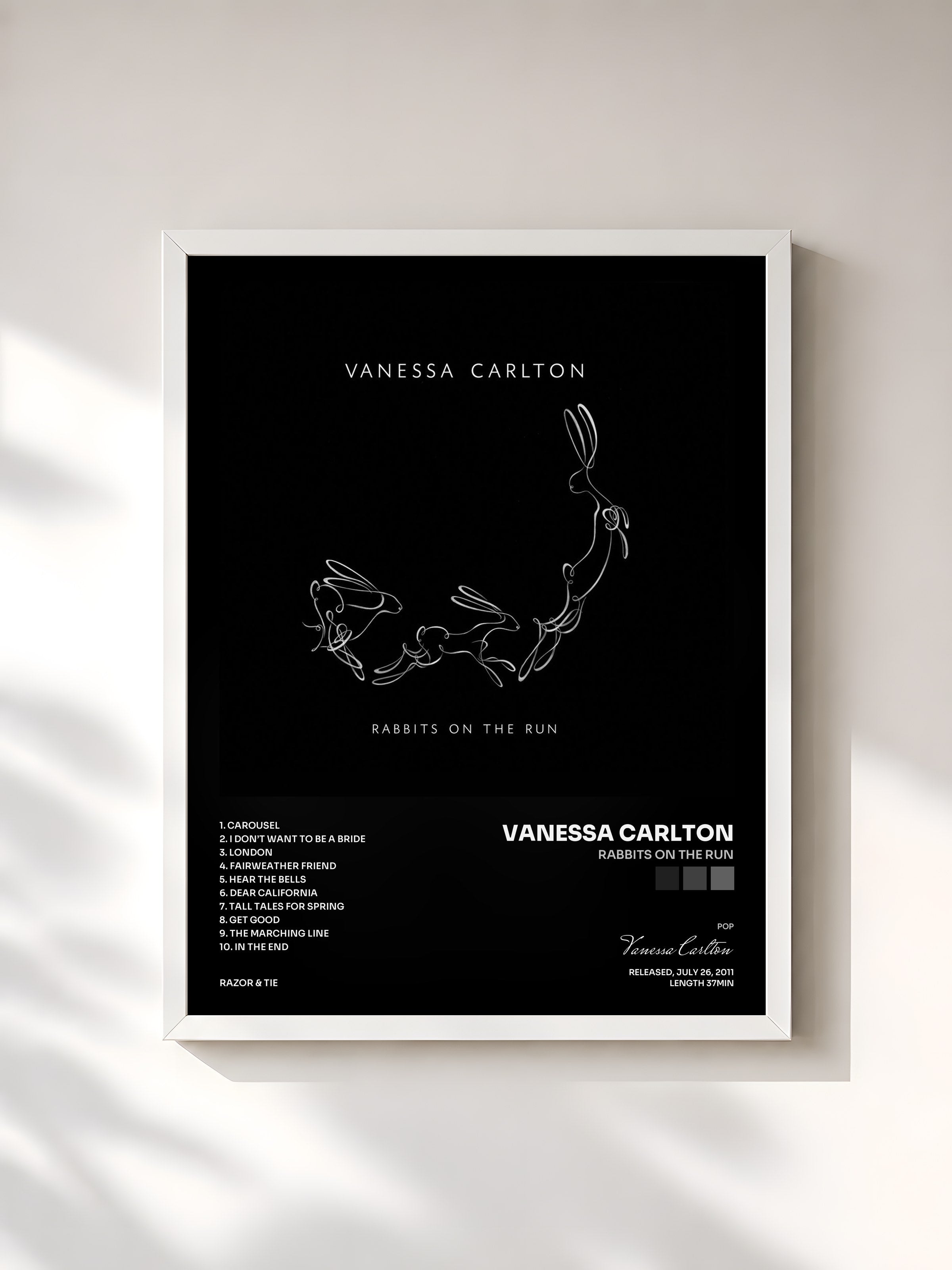 #blanc Tableau de l'album Rabbits On The Run de Vanessa Carlton, cadre blanc, imprimé et encadré en France