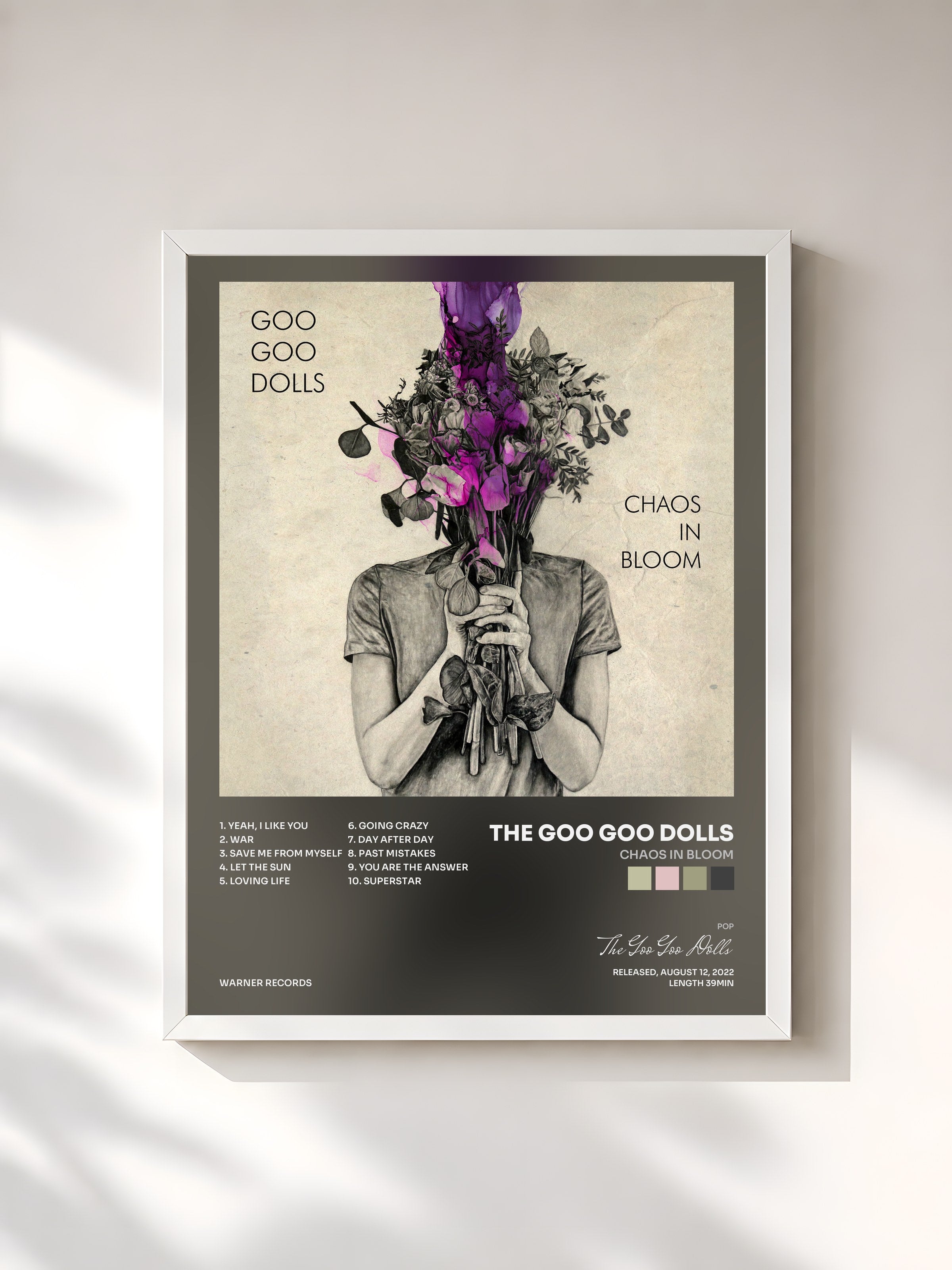 #blanc Tableau de l'album Chaos In Bloom de The Goo Goo Dolls, cadre blanc, imprimé et encadré en France