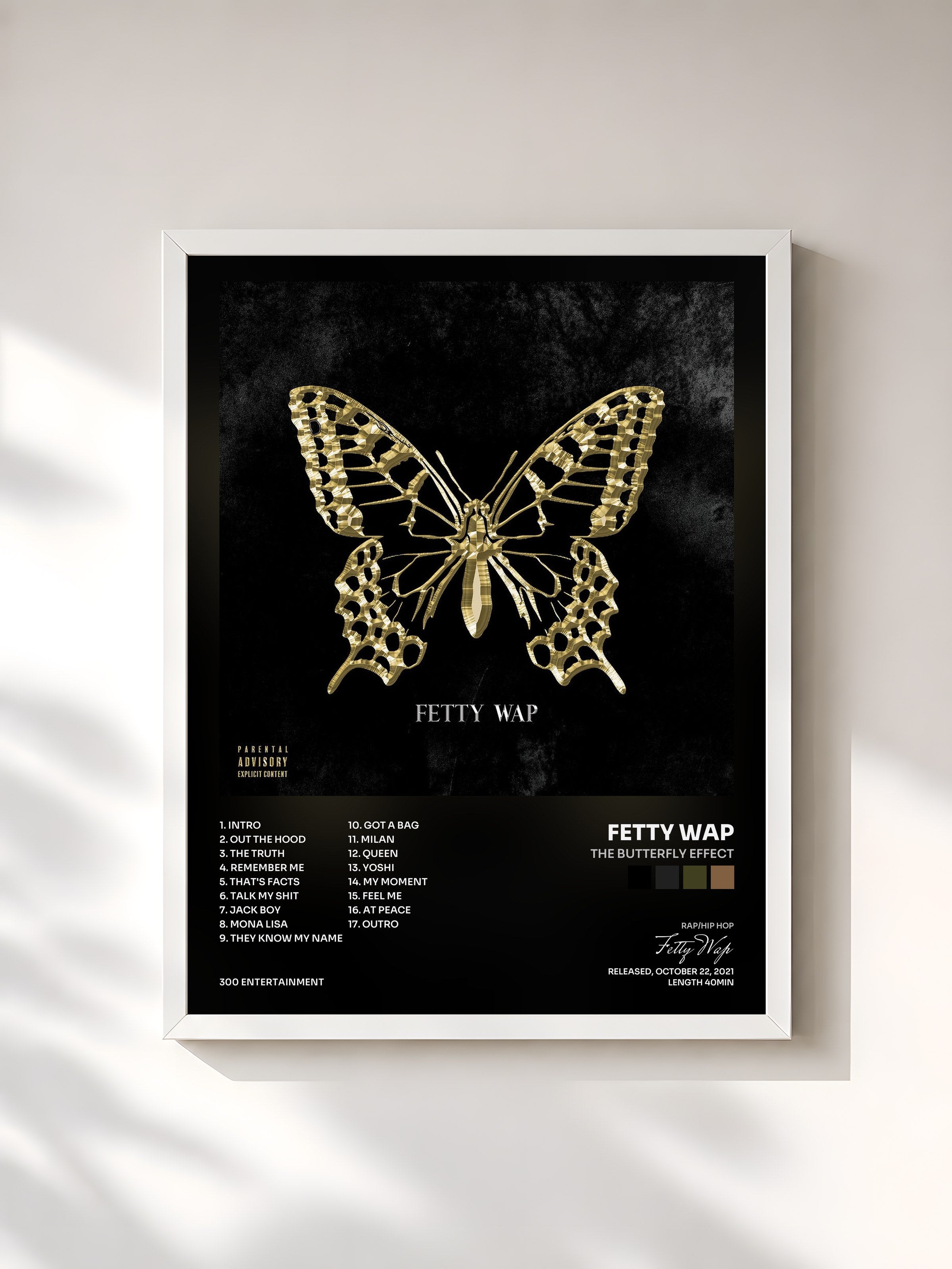 #blanc Tableau de l'album The Butterfly Effect de Fetty Wap, cadre blanc, imprimé et encadré en France