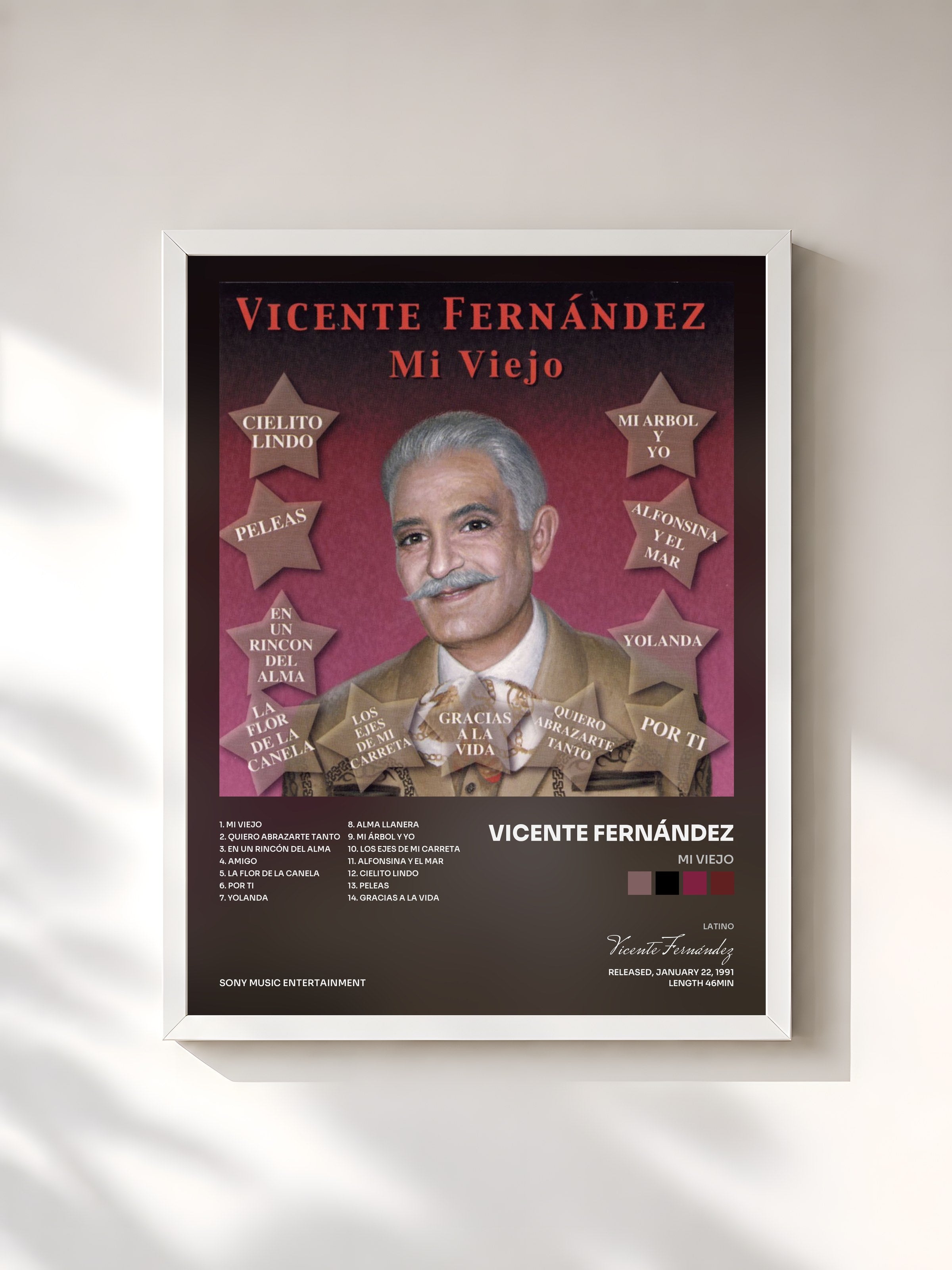 #blanc Tableau de l'album Mi Viejo de Vicente Fernández, cadre blanc, imprimé et encadré en France