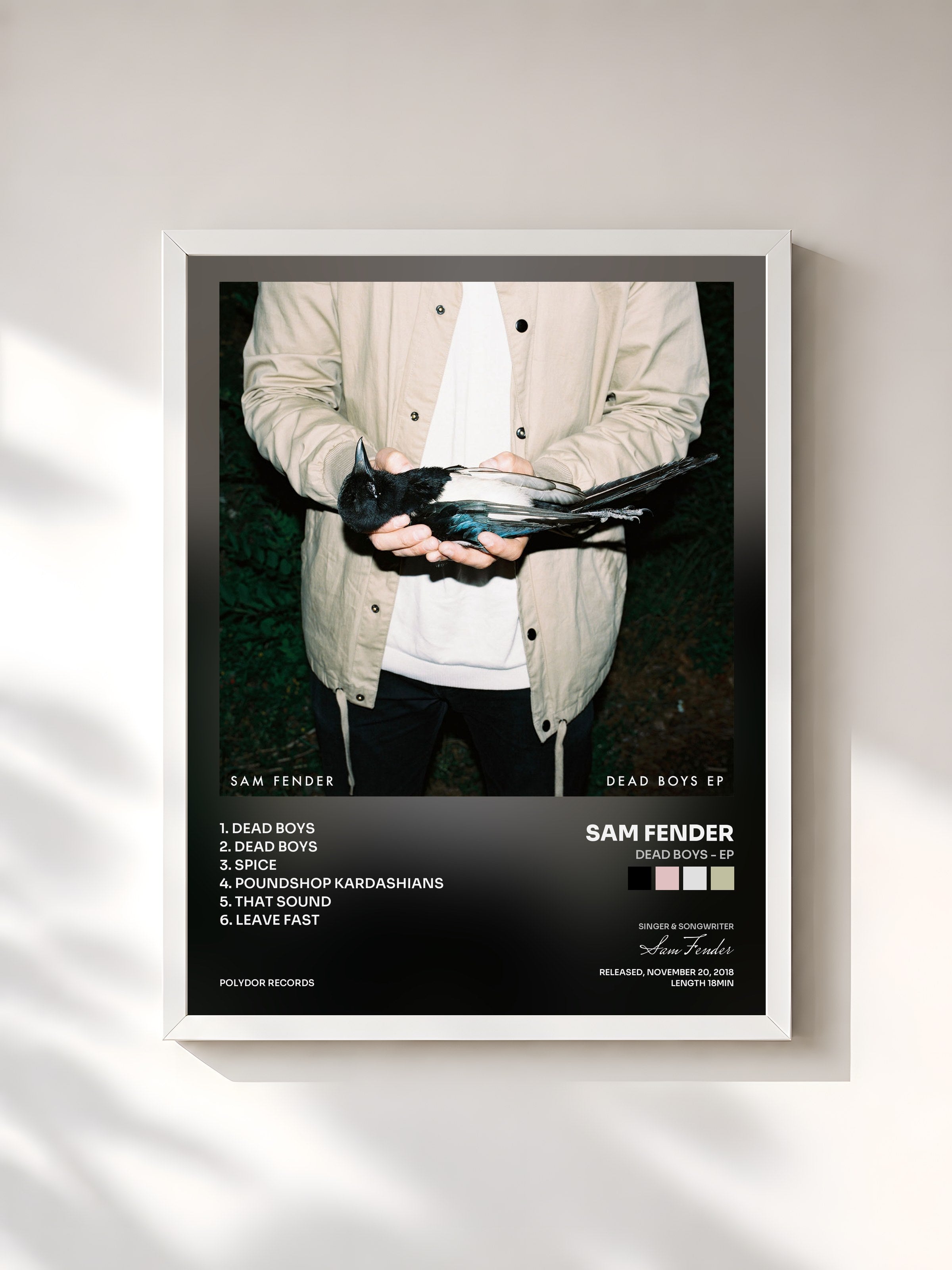 #blanc Tableau de l'album Dead Boys - EP de Sam Fender, cadre blanc, imprimé et encadré en France