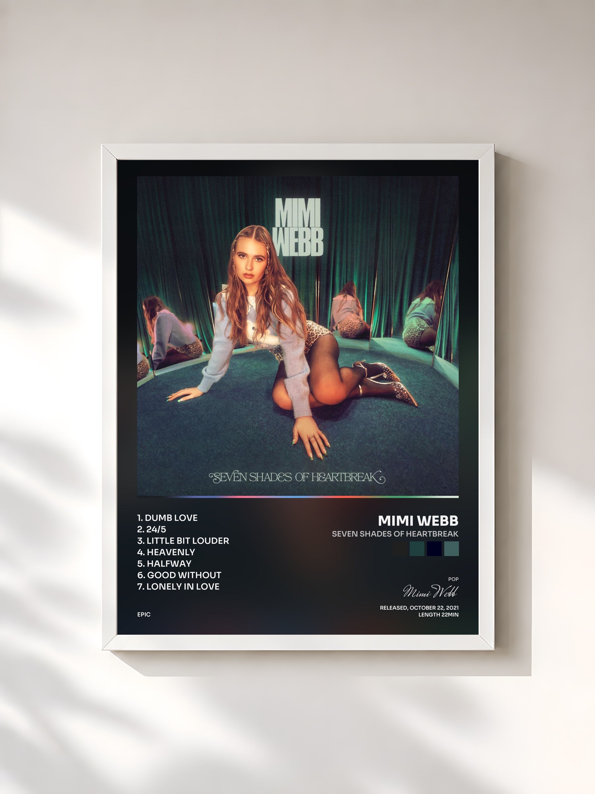 #blanc Tableau de l'album Seven Shades of Heartbreak de Mimi Webb, cadre blanc, imprimé et encadré en France