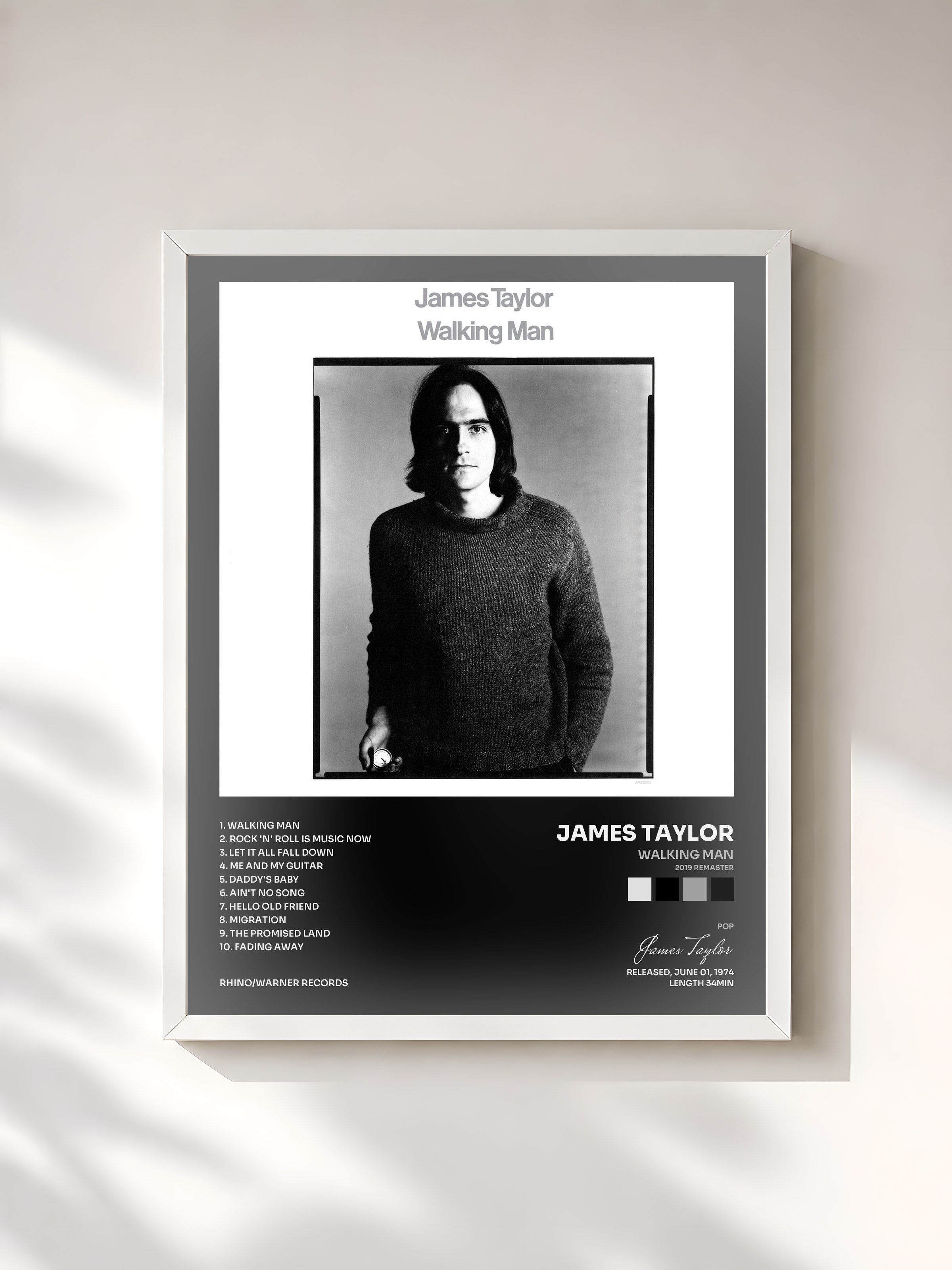 #blanc Tableau de l'album Walking Man (2019 Remaster) de James Taylor, cadre blanc, imprimé et encadré en France