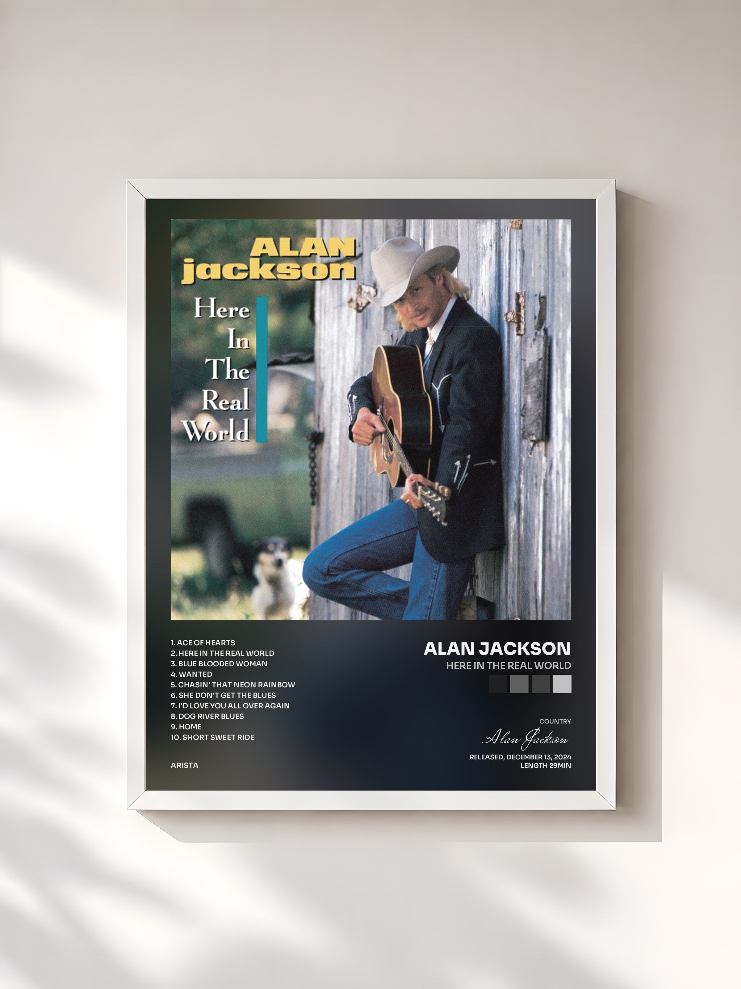 #blanc Tableau de l'album Here In The Real World de Alan Jackson, cadre blanc, imprimé et encadré en France