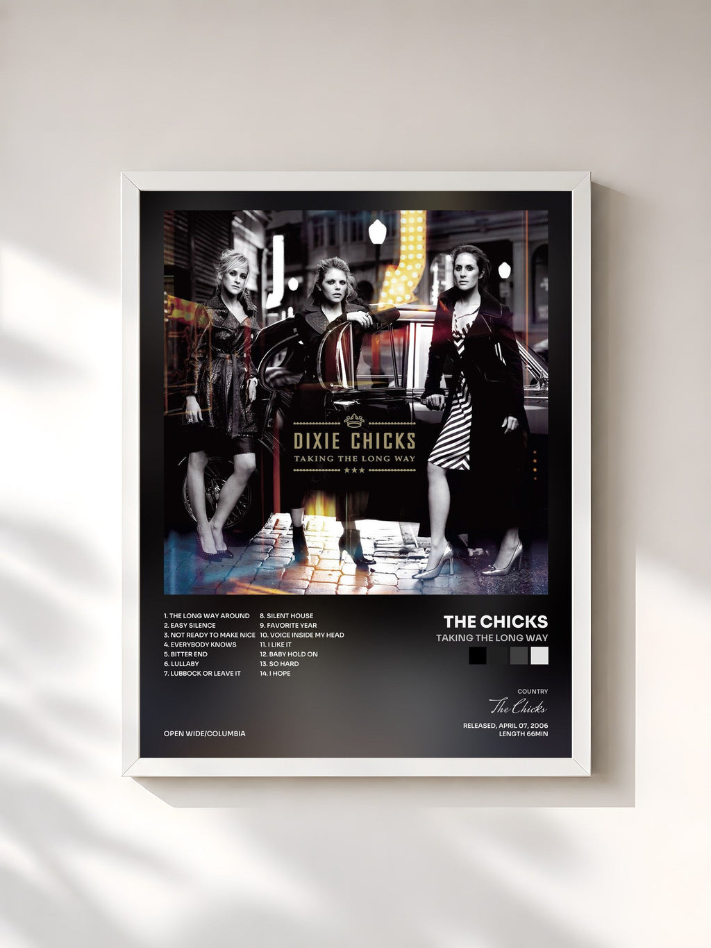 #blanc Tableau de l'album Taking The Long Way de The Chicks, cadre blanc, imprimé et encadré en France