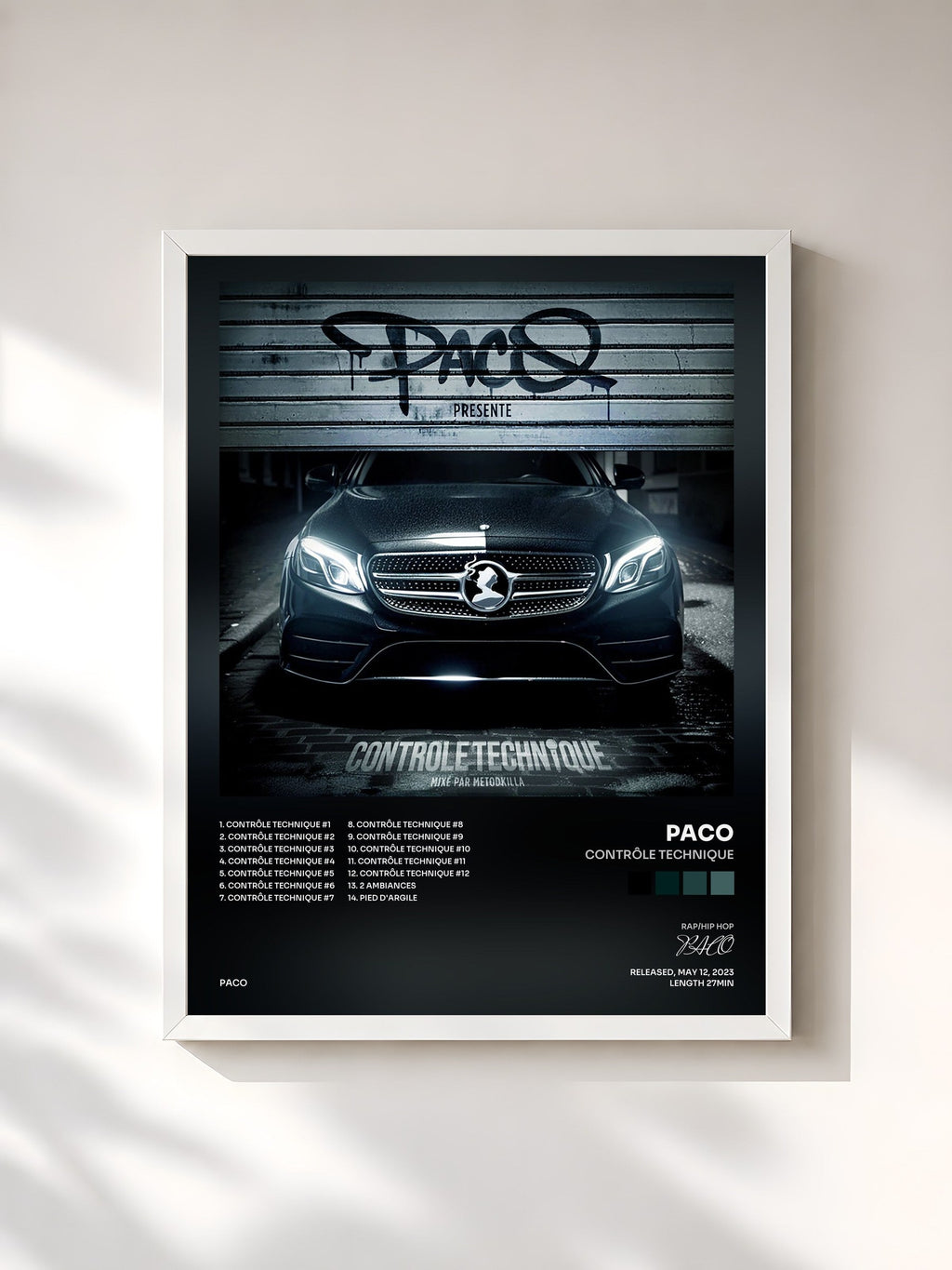 #blanc Contrôle technique by PACO as a framed art print, white frame, printed and framed in France