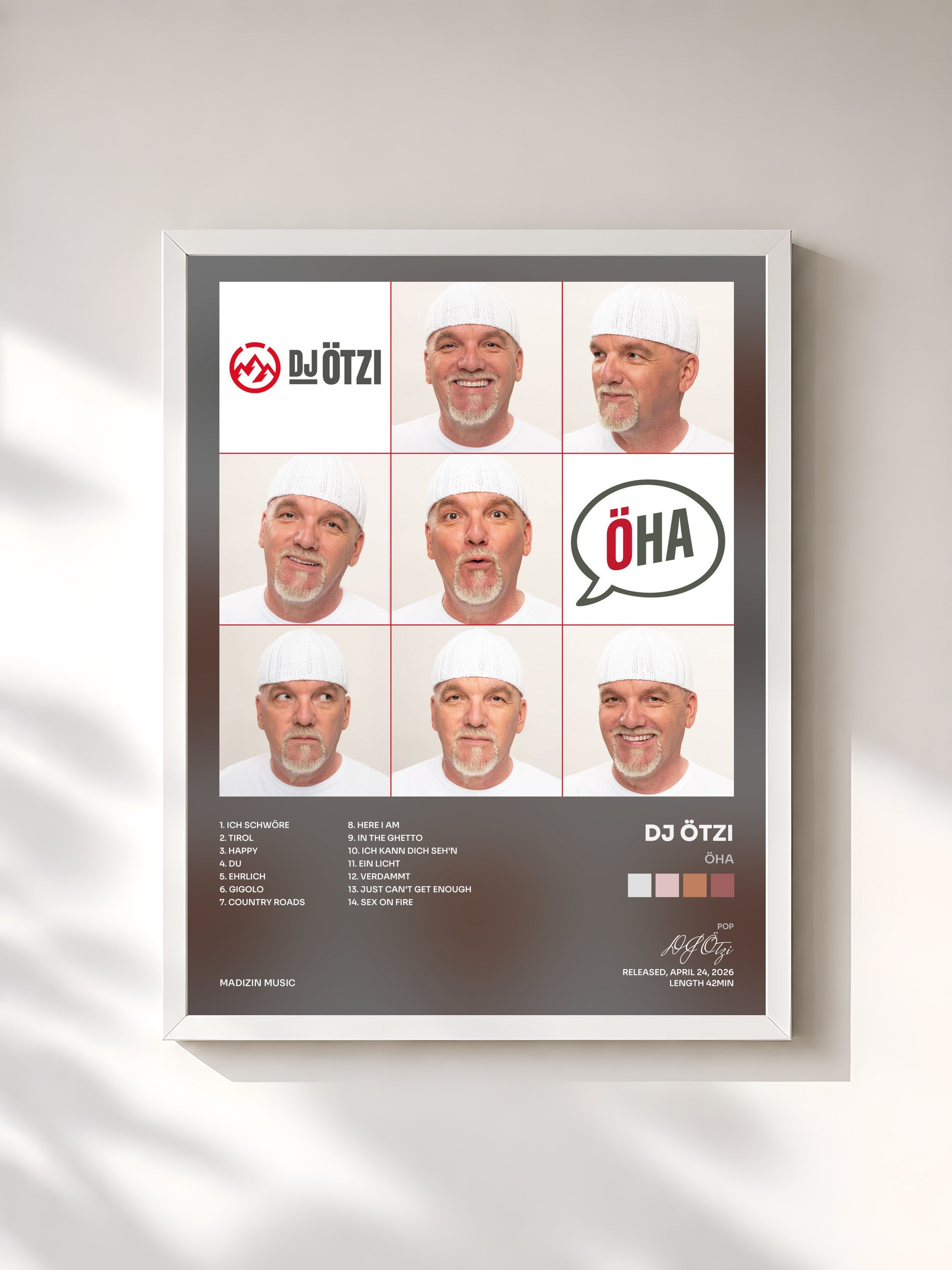 #blanc Tableau de l'album ÖHA de DJ Ötzi, cadre blanc, imprimé et encadré en France