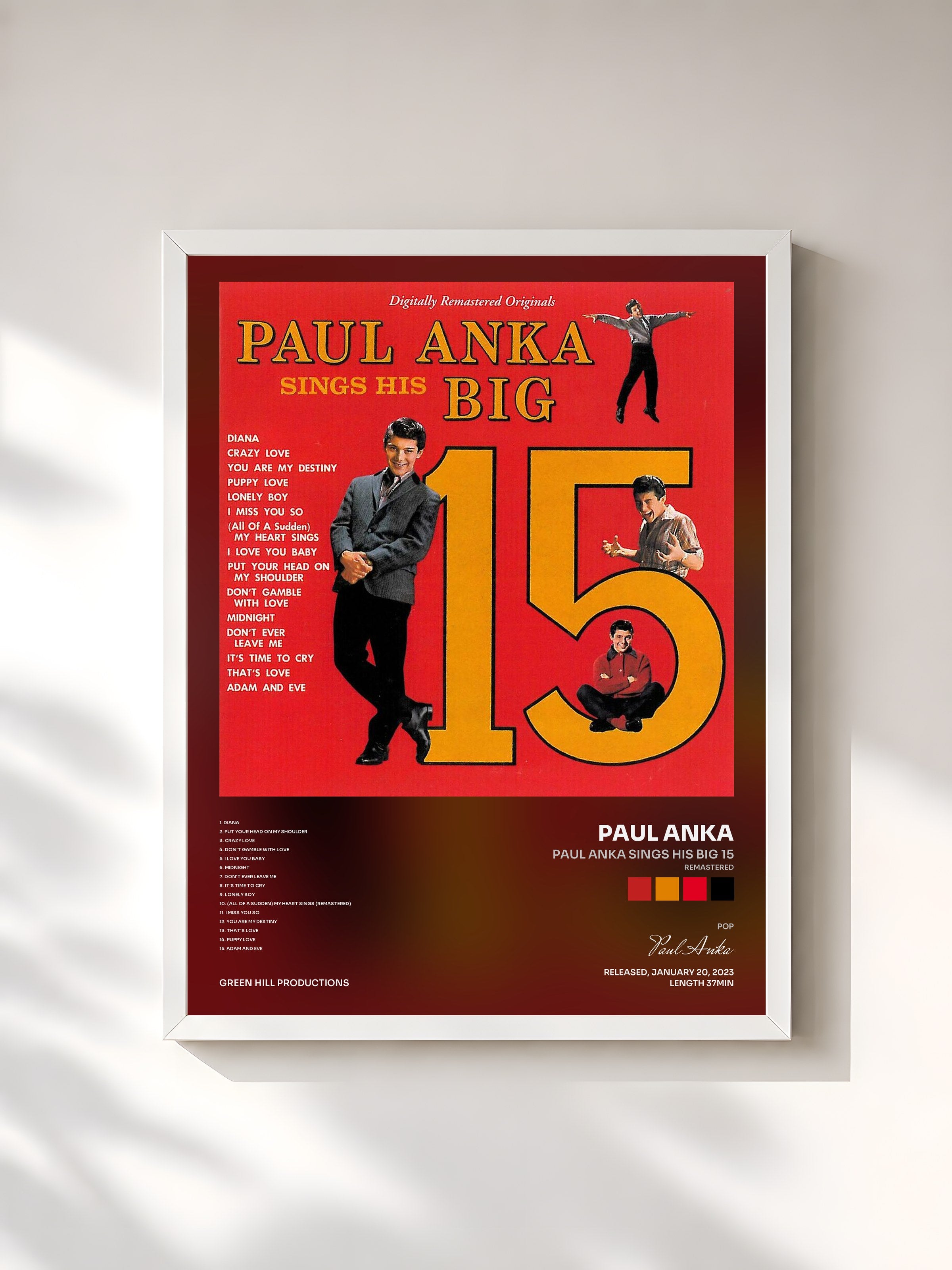 #blanc Tableau de l'album Paul Anka Sings His Big 15 (Remastered) de Paul Anka, cadre blanc, imprimé et encadré en France