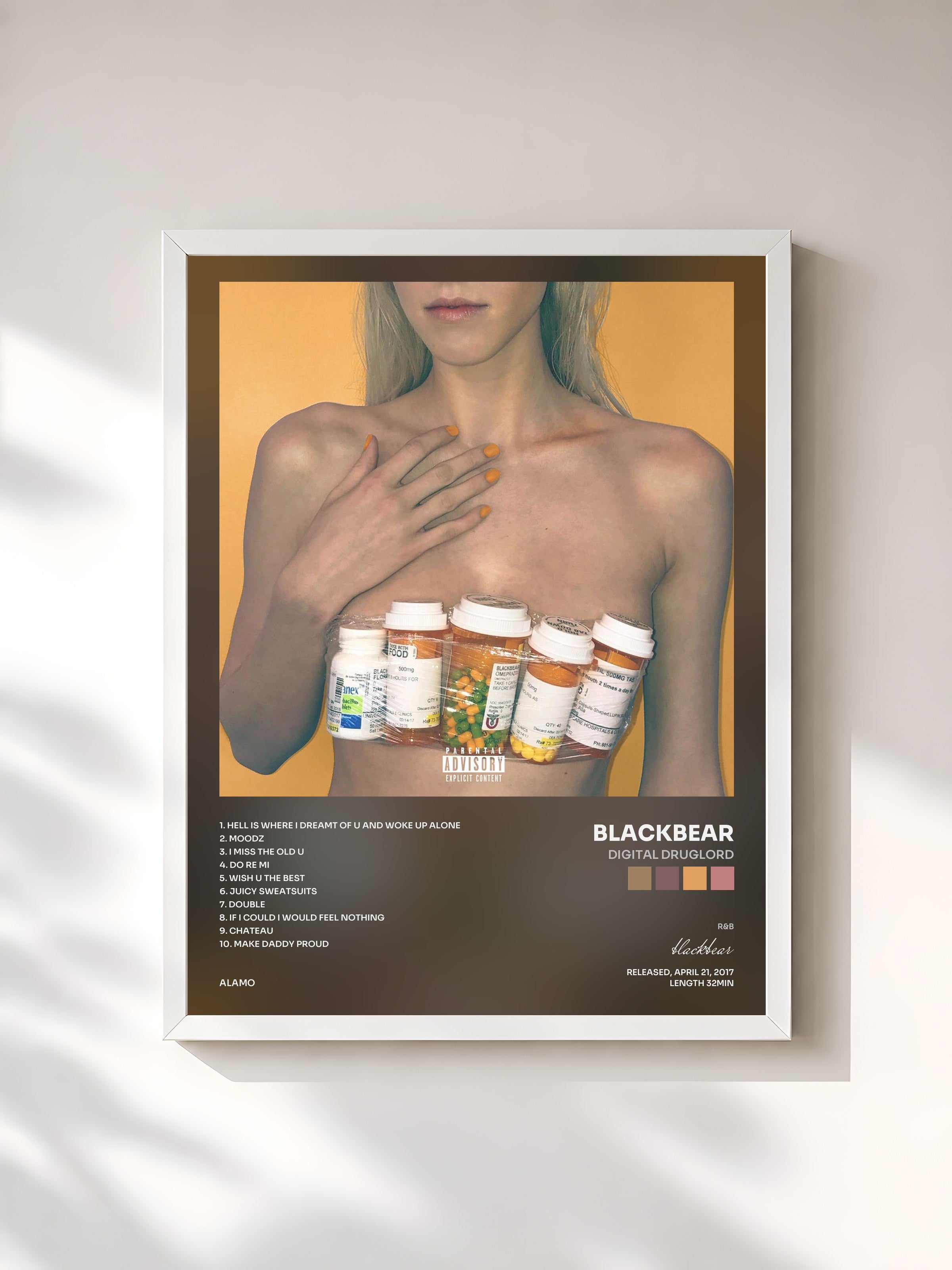 #blanc Tableau de l'album digital druglord de blackbear, cadre blanc, imprimé et encadré en France