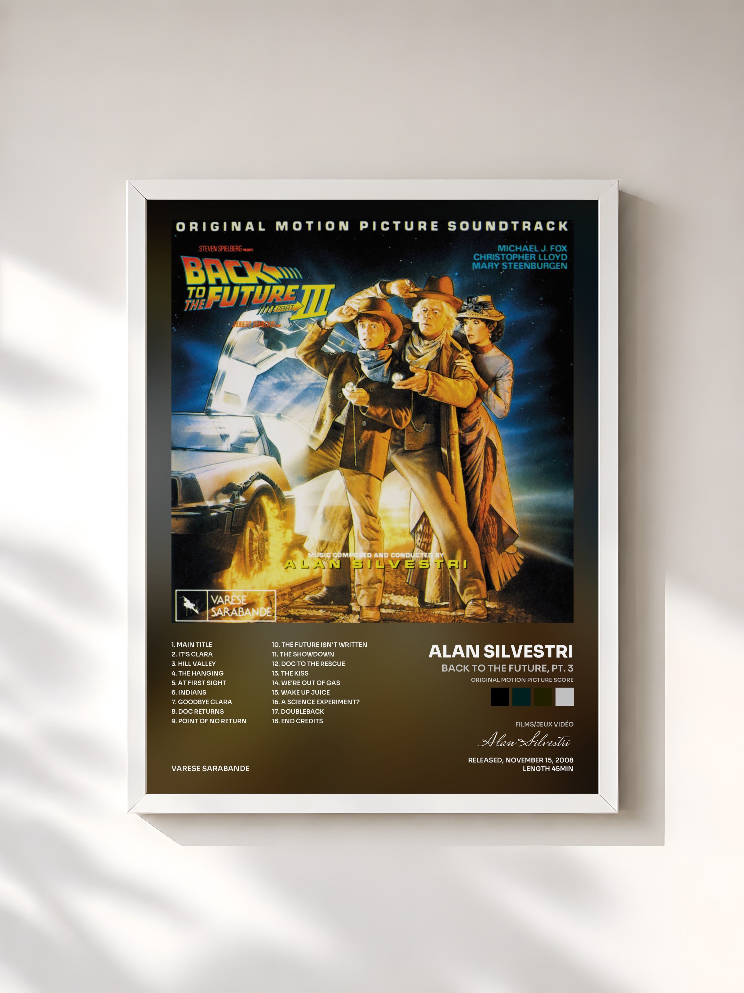 #blanc Tableau de l'album Back To The Future, Pt. 3 (Original Motion Picture Score) de Alan Silvestri, cadre blanc, imprimé et encadré en France