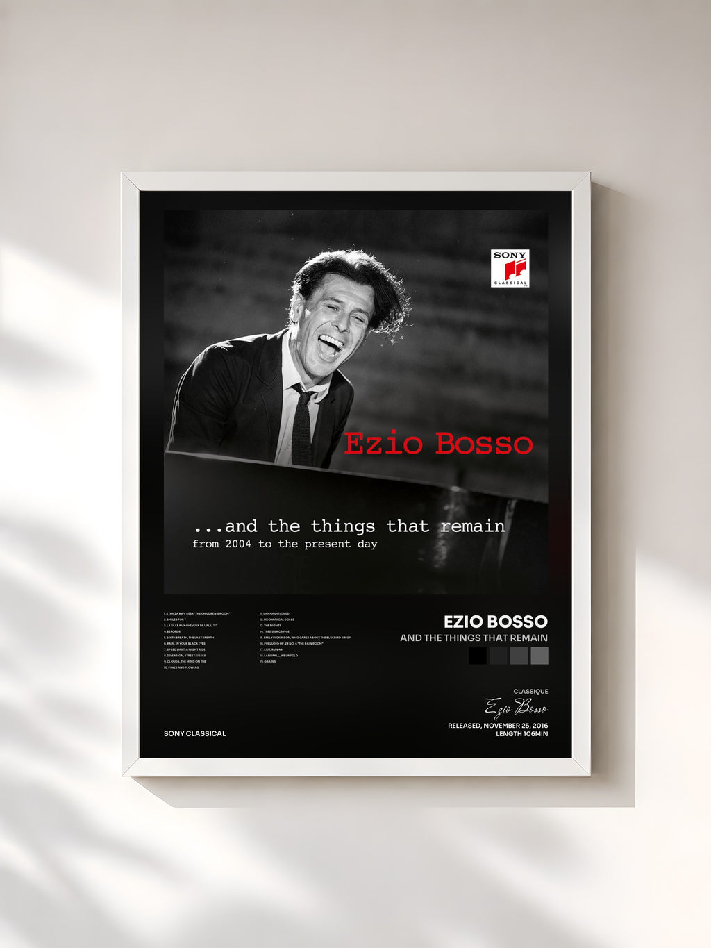 #blanc Tableau de l'album And the Things that Remain de Ezio Bosso, cadre blanc, imprimé et encadré en France