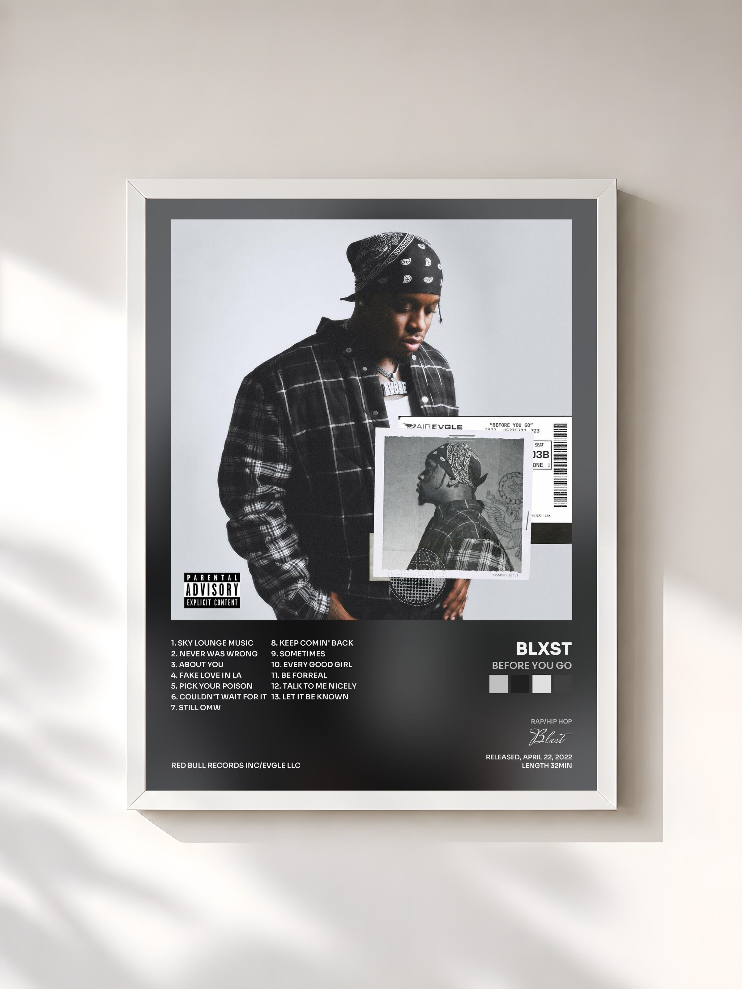 #blanc Tableau de l'album Before You Go de Blxst, cadre blanc, imprimé et encadré en France